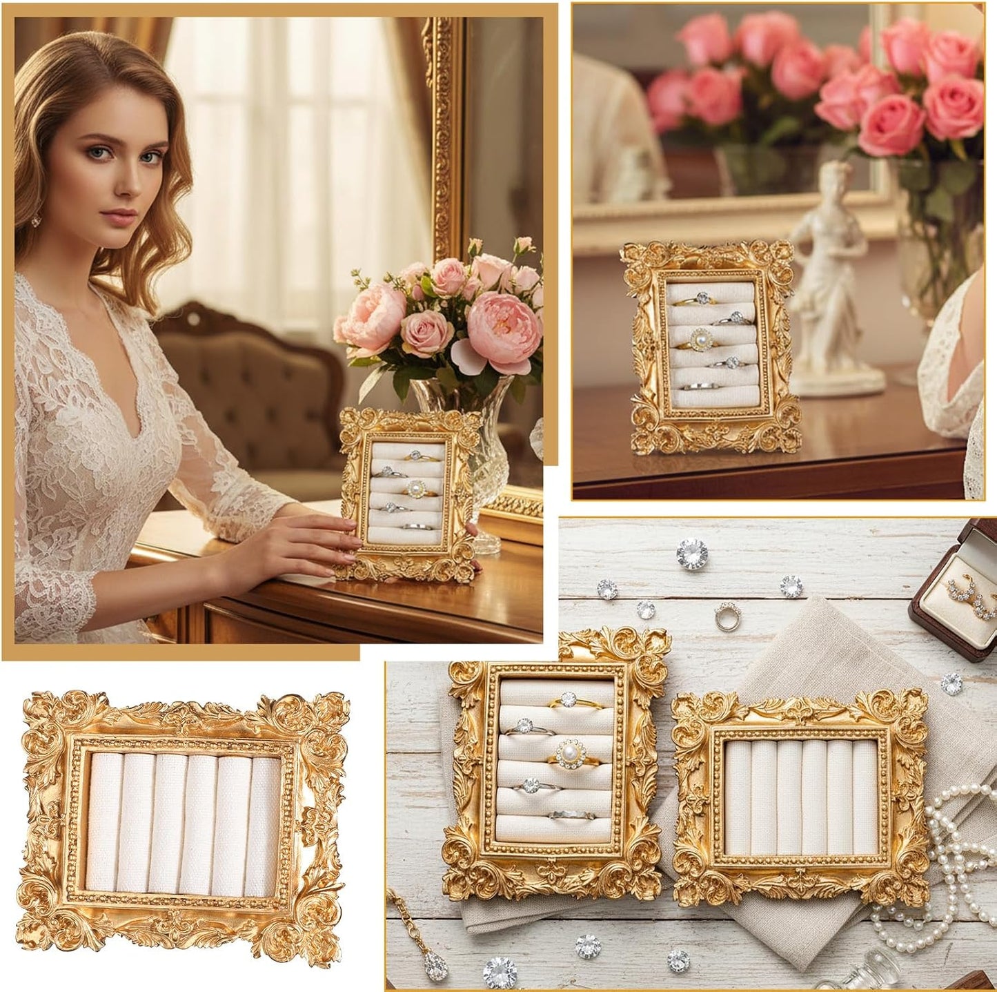 Vintage Ring Holder Rectangle Jewelry Display Stand / Gold