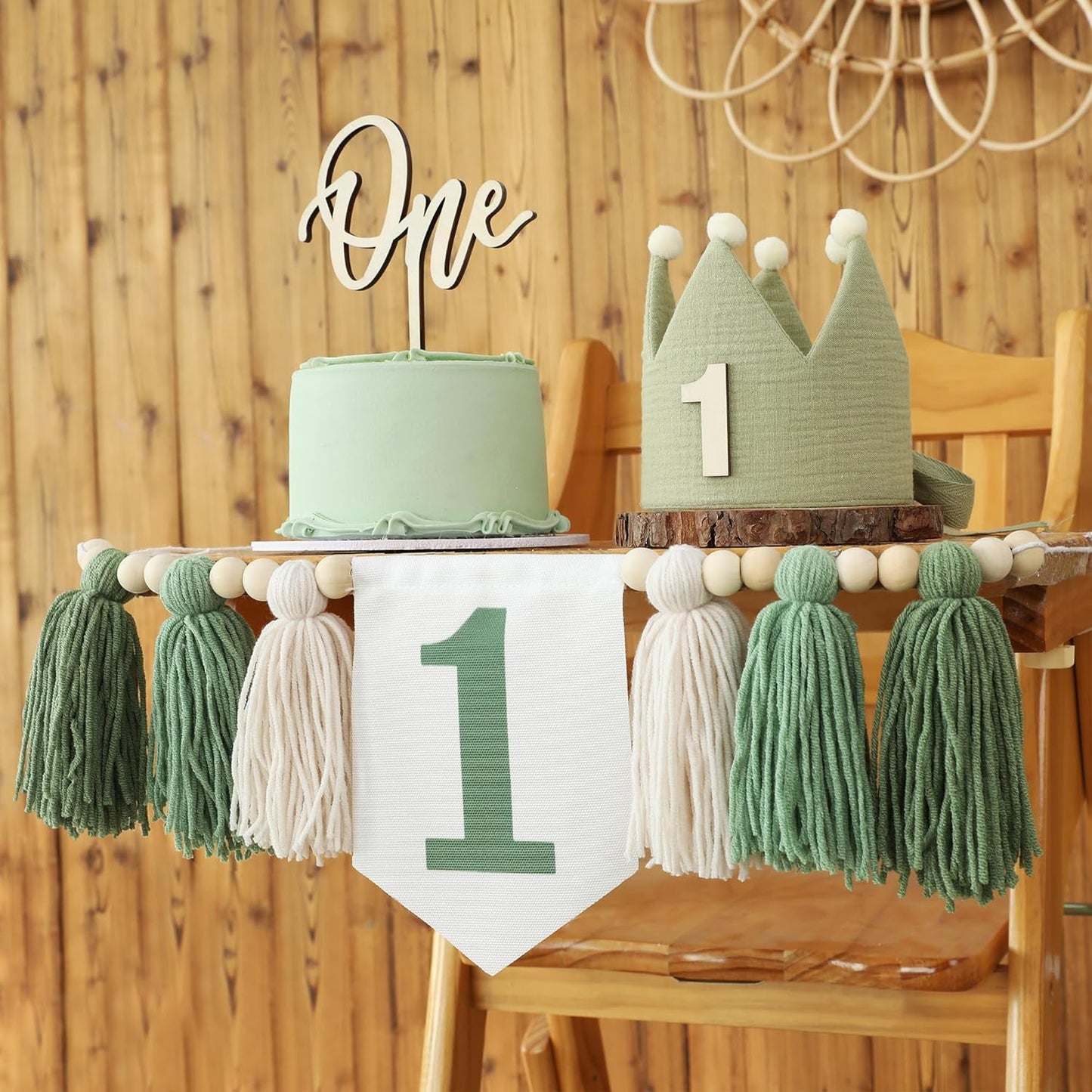 Wood Bead Tassel Garland Crown Hat Wooden Cake / Green