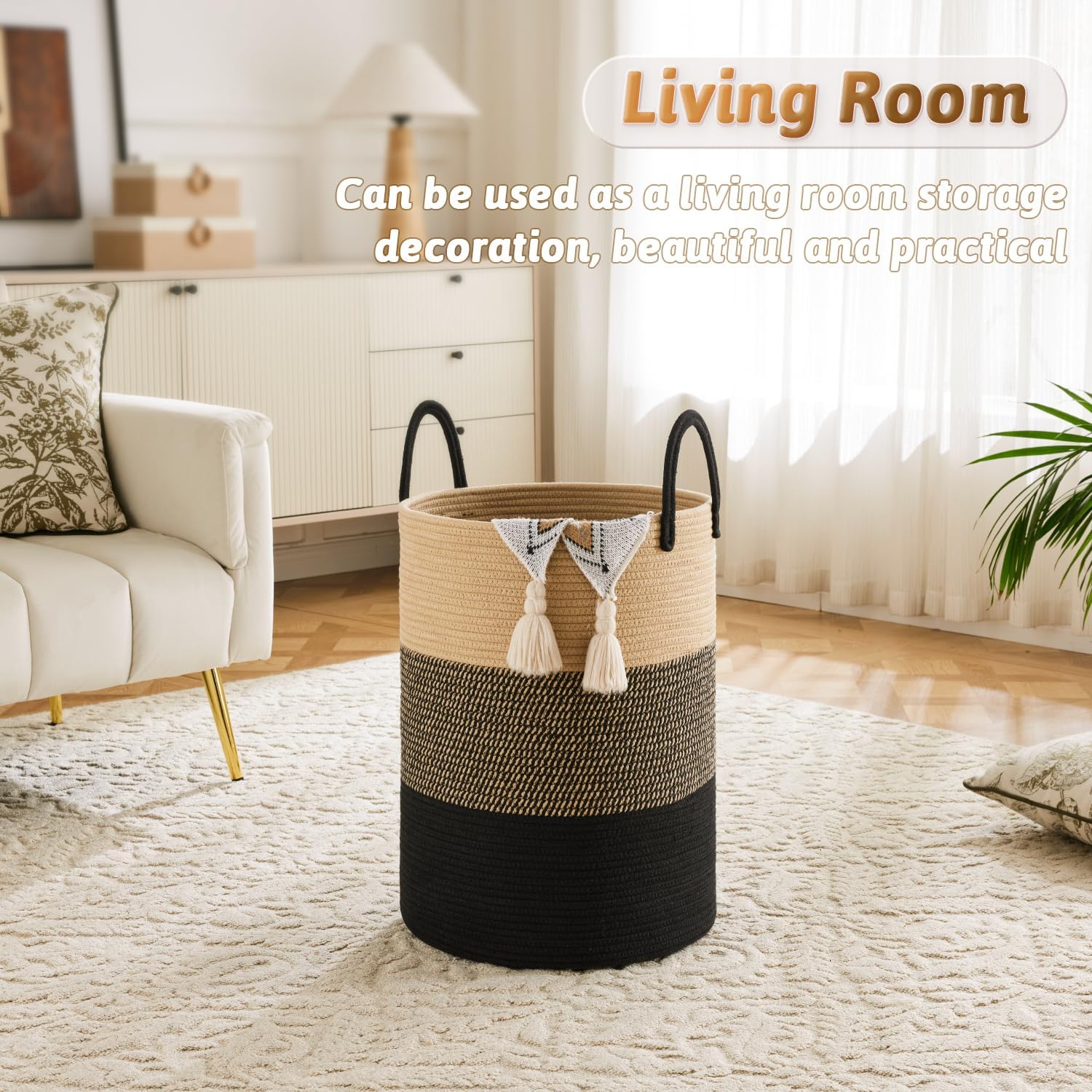 Laundry Basket / Woven Cotton Rope Laundry Hamper / Black & Brown / 60L