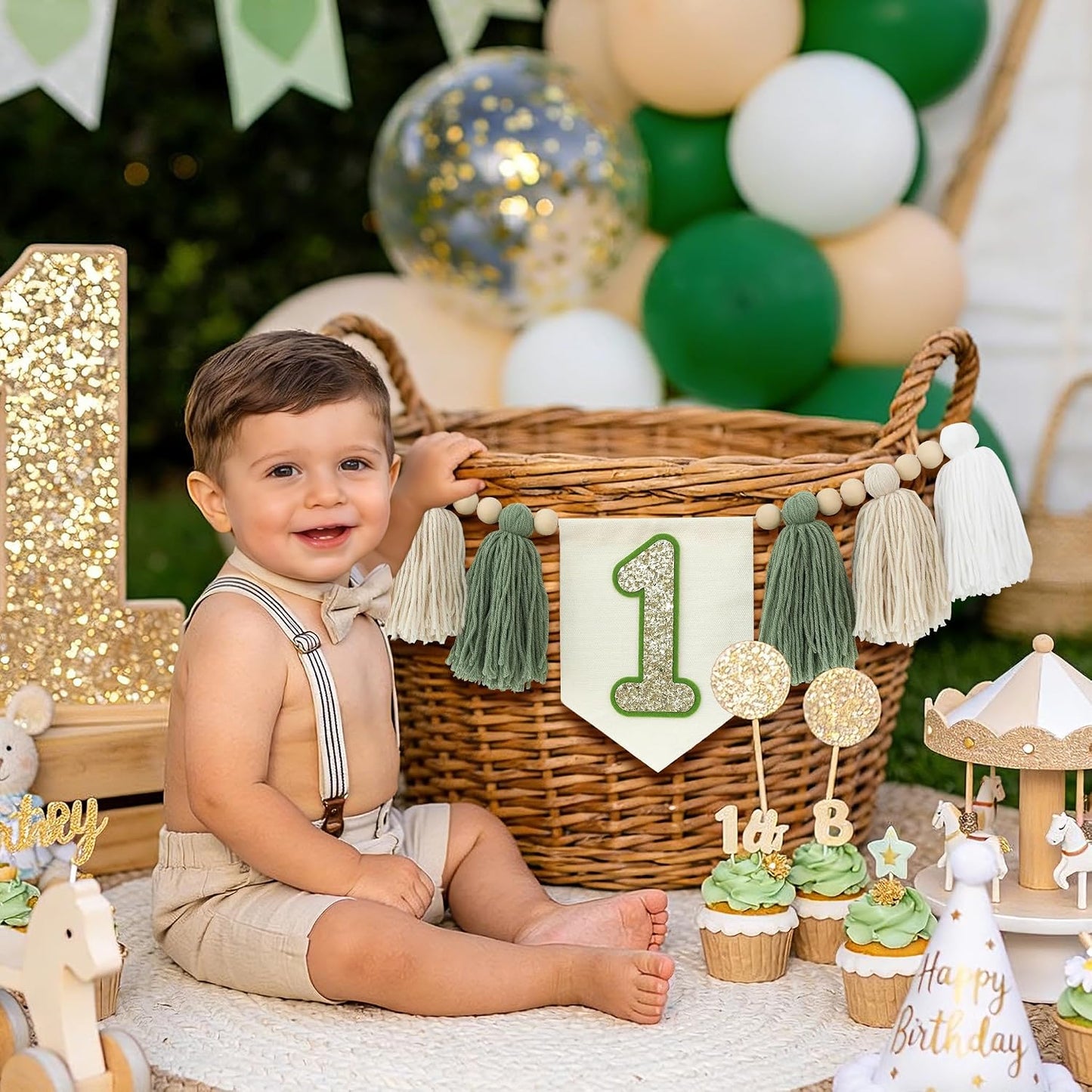 Wild One 1st Highchair Banner Handmade Wood Bead Tassel Garland Birthday Party / Green White