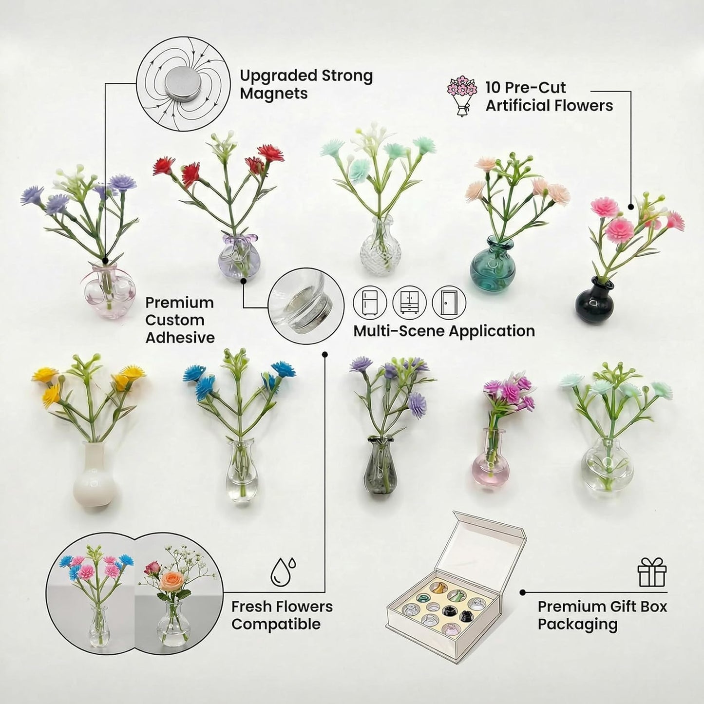 Magnetic Mini Bud Vases Gift Set for Mom / Jewel-tone Glass Mix / Set of 10