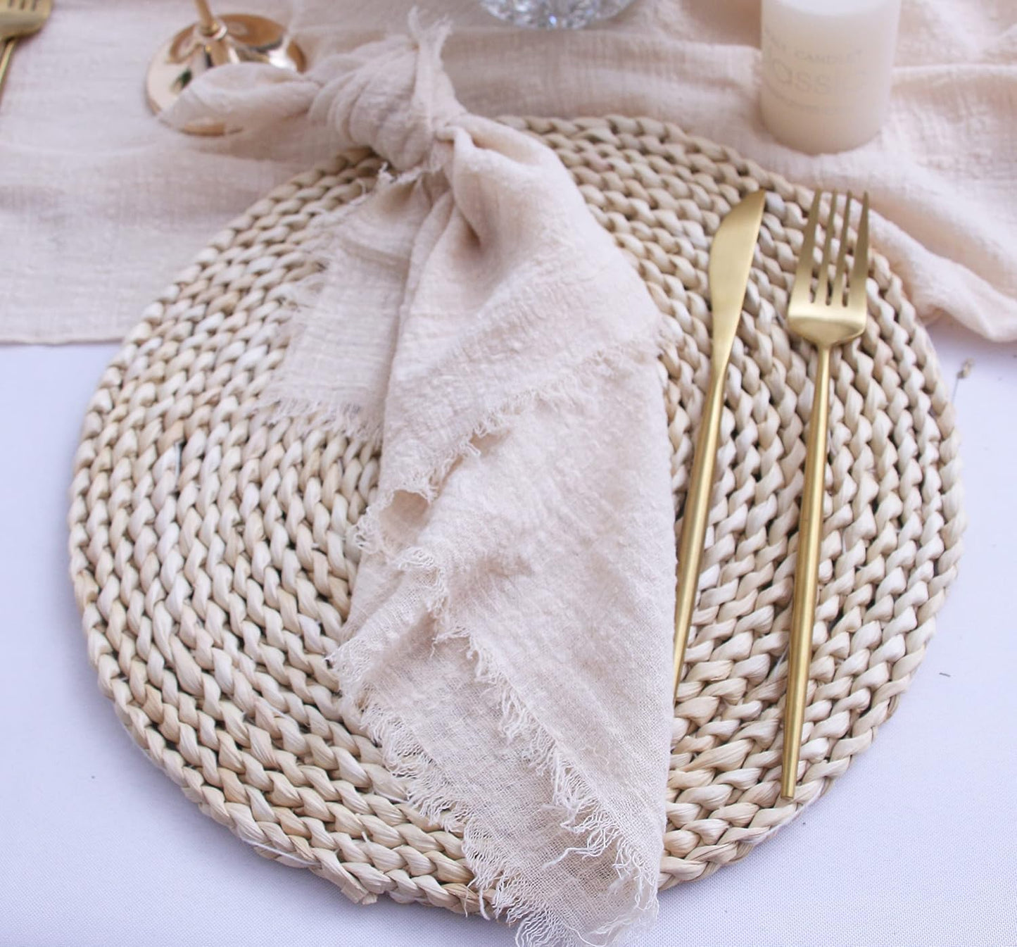 Fall Cloth Napkins with Fringe Set of 12, Soft Cotton, 16 x 16 Inch, Beige | Boho Rustic Dinner Napkins, Reusable