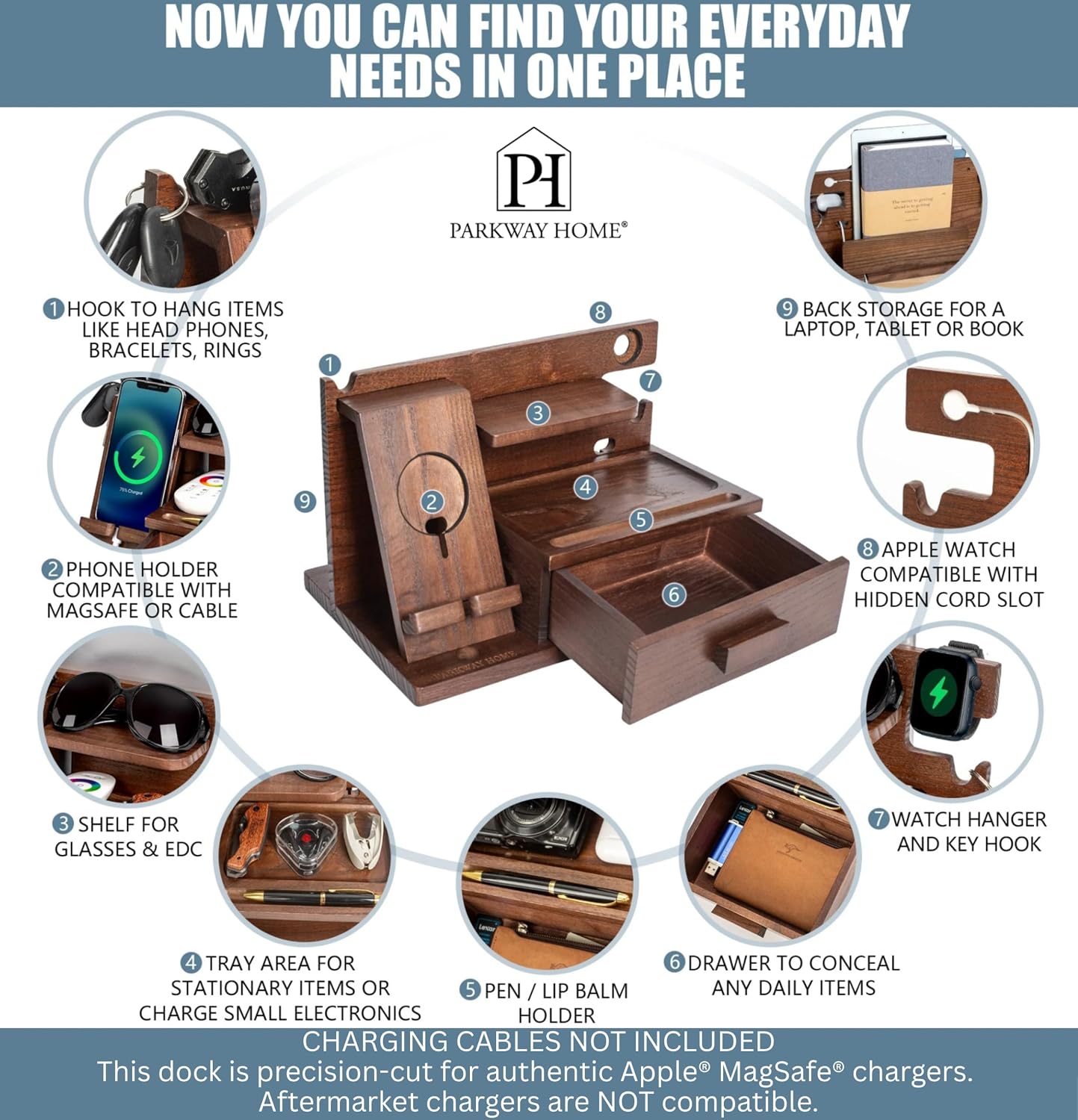 Wood Phone Docking Station with Drawer, Compatible with Apple Watch - Wood Charging Station Organizer Stand, Bedside