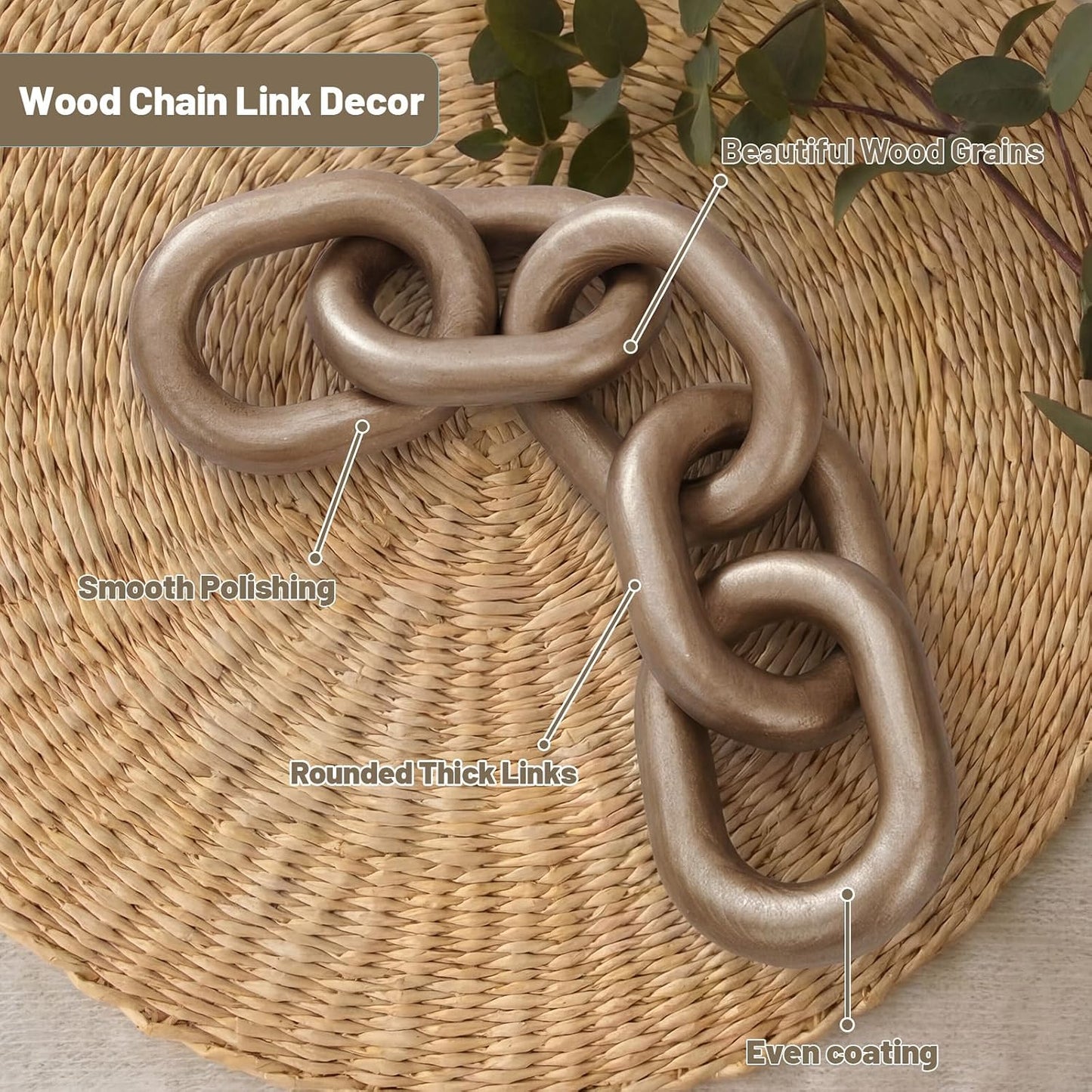 Decorative Wood Chain Link Decor Rustic 5 Link Wooden Chain Ornament / Champagne / 13.78 Inch
