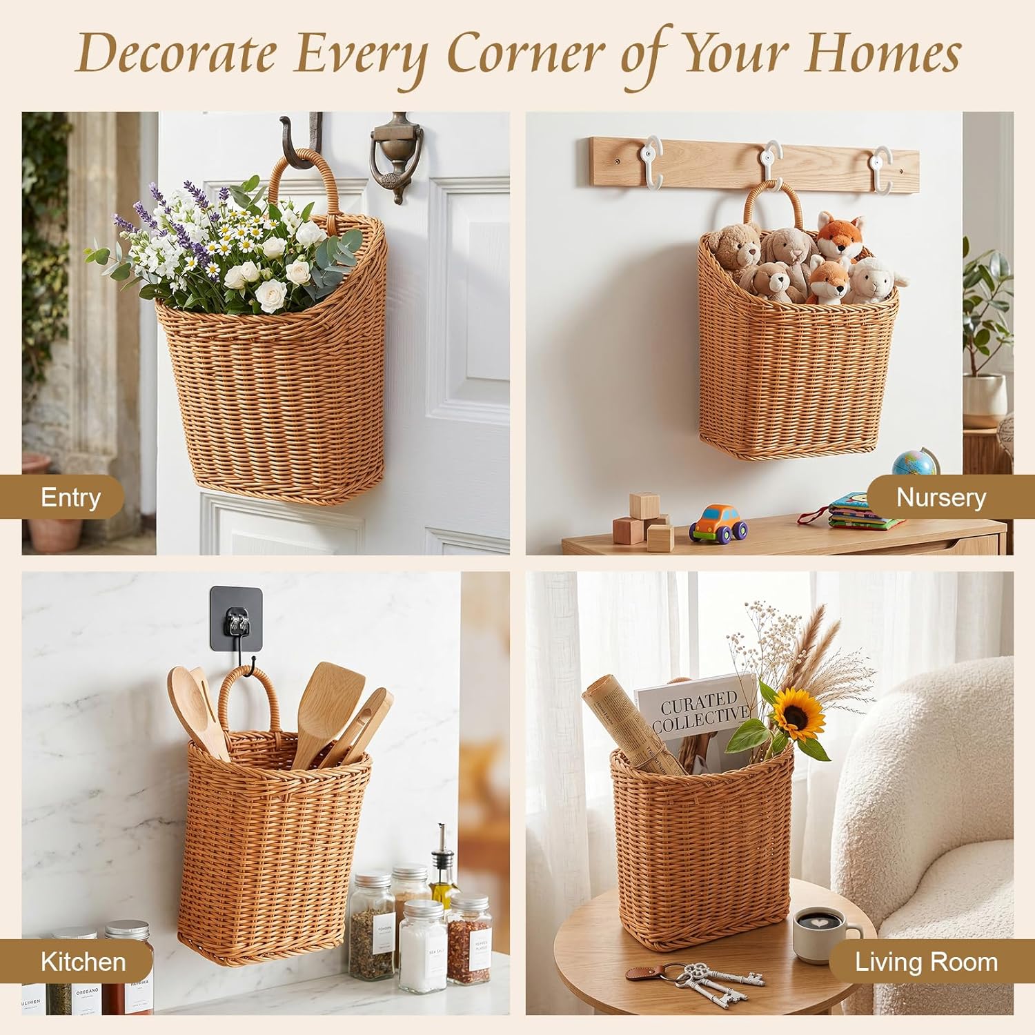 Handmade Woven Hanging Waterproof Plastic Rattan Wicker Basket / Set of 2