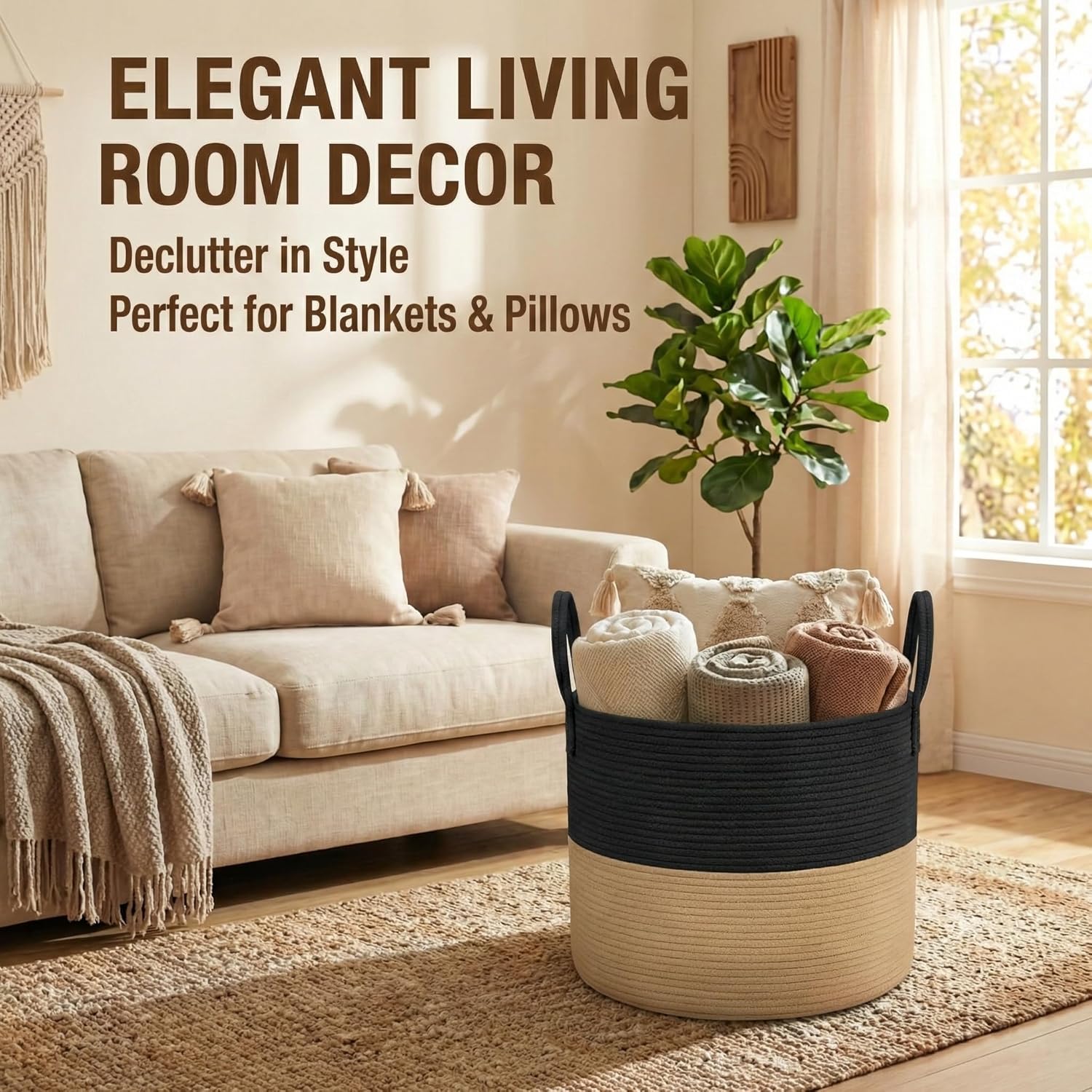 Extra Large Blanket Basket / Black&jute / 65L