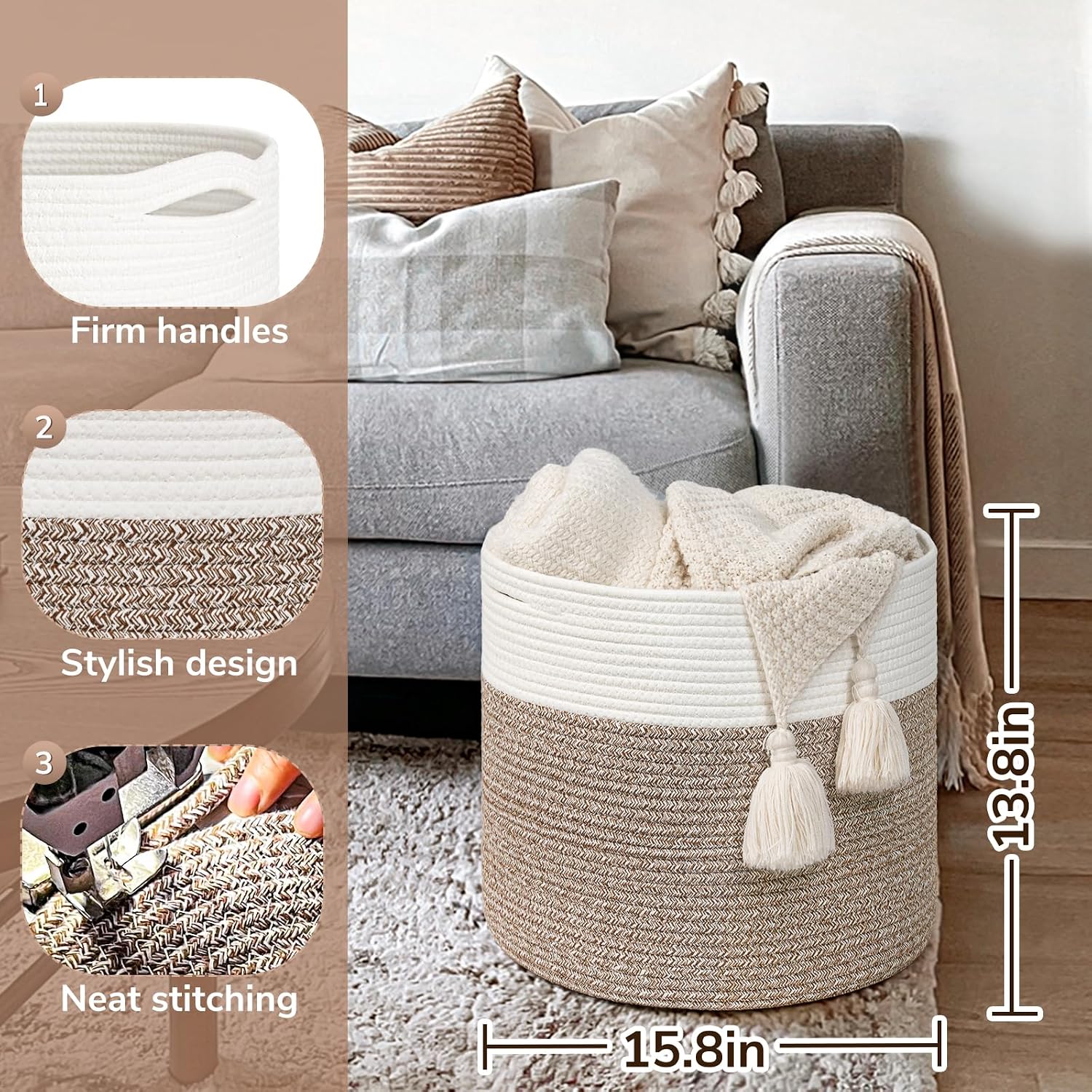 Blanket Basket / Cotton Rope Baskets for Blankets & Toys / Mele / 15.8 x 15.8 x 13.8