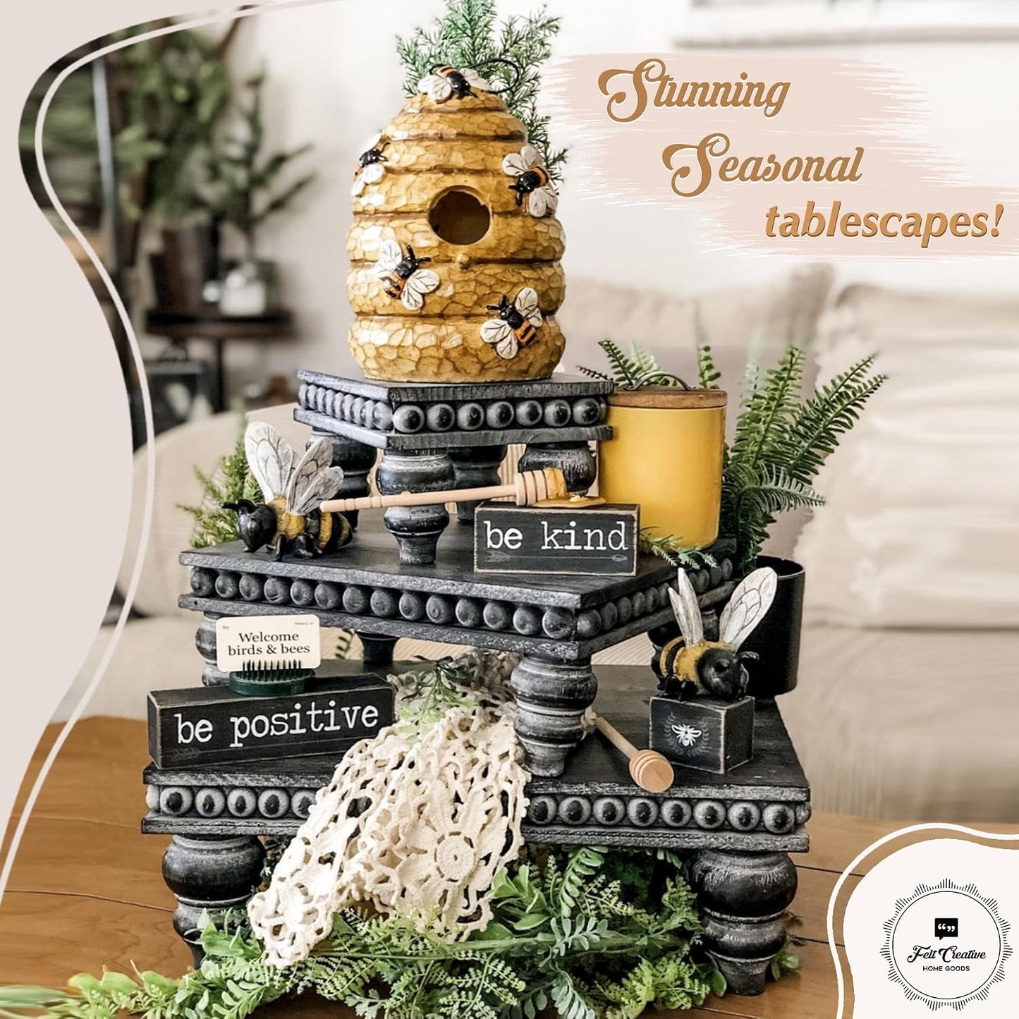 Decorative Tray [Set of 3] Wooden Tiered Tray Stand Display Risers - Tiered Tray Decor for Tabletop Use, Kitchen