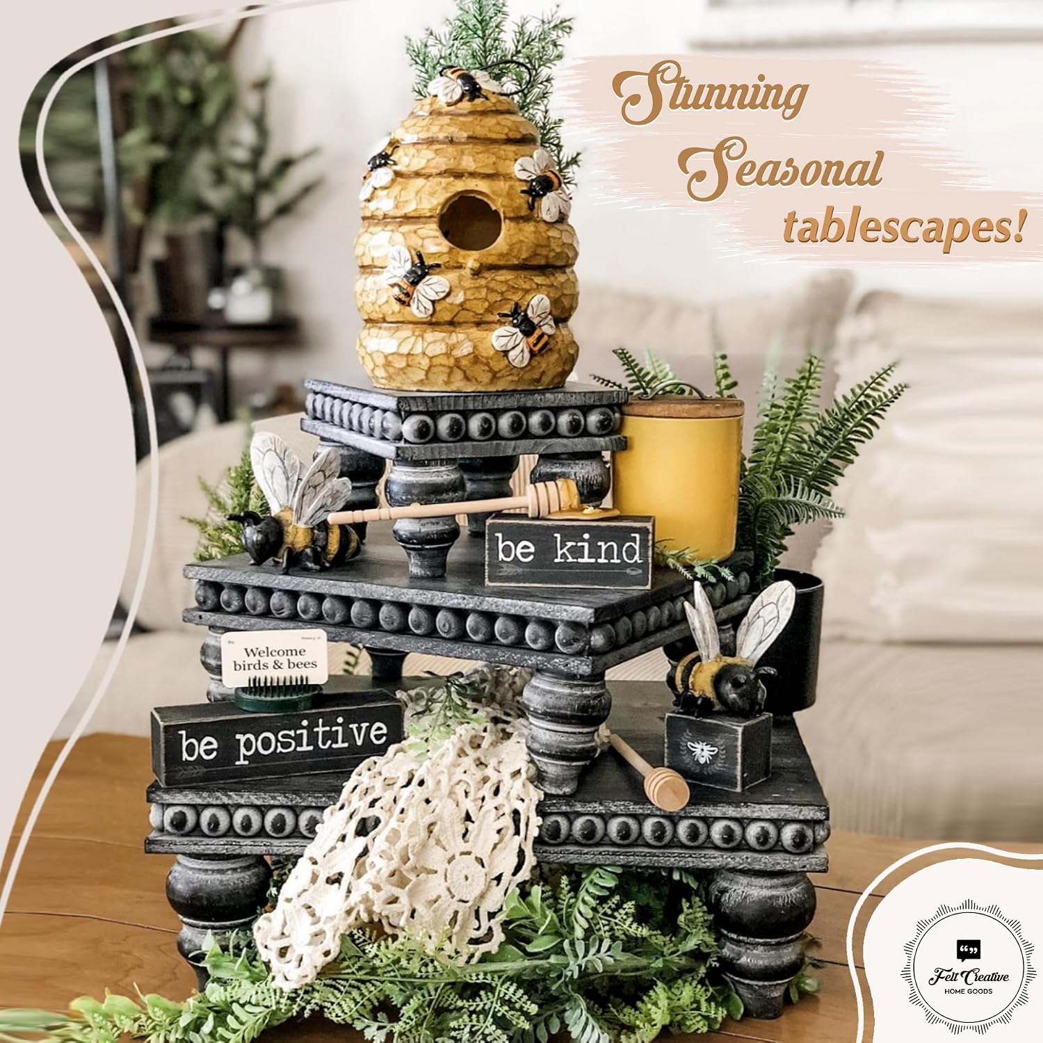 Decorative Tray [Set of 3] Wooden Tiered Tray Stand Display Risers - Tiered Tray Decor for Tabletop Use, Kitchen