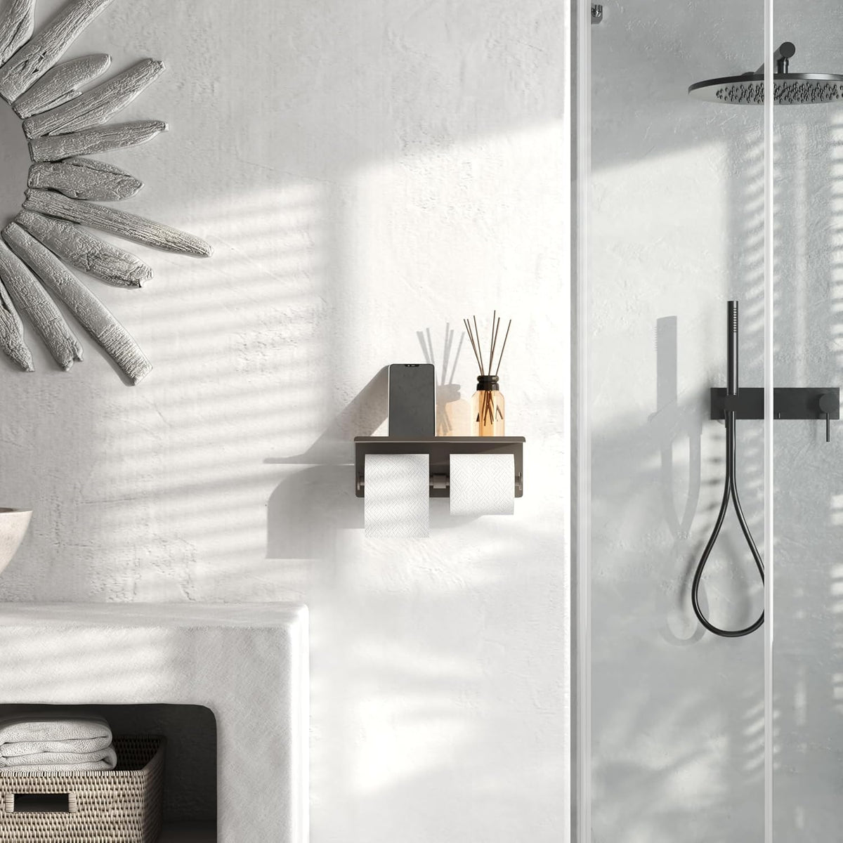 Grey Toilet Paper Roll Holder with Shelf Wall Mounted for Bathroom (Grey, Double Head)