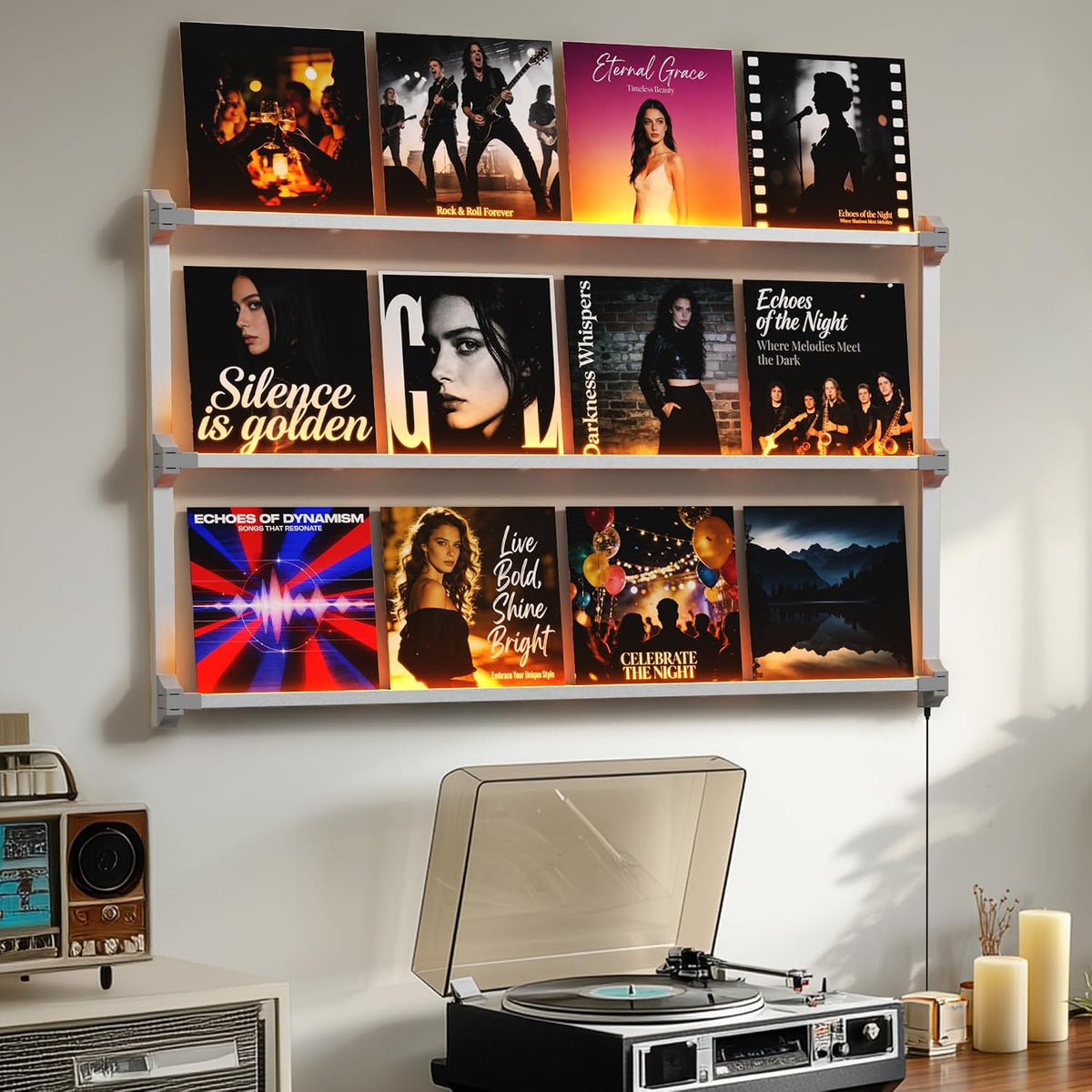 Vinyl Record Shelf Wall Mount with LED Lights, Floating Shelf for Vinyl Record Display, 51-INCH Aluminum Alloy Record