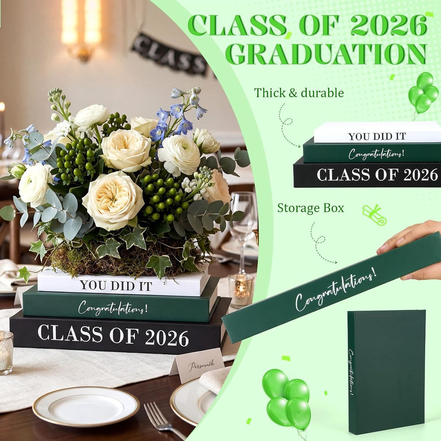 Graduation Book Centerpiece Congratulate Grad Decoration / Black, White, and Green / Set of 3