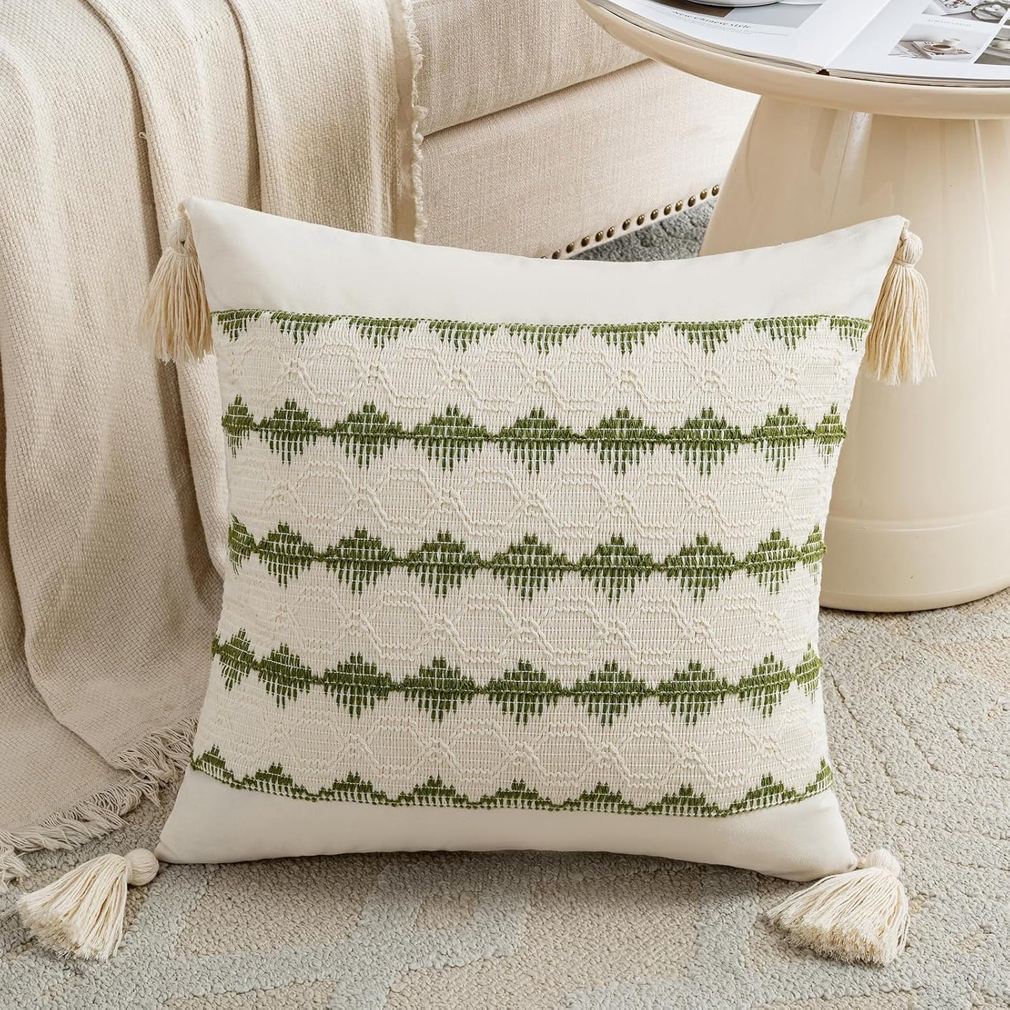 Boho Decorative Throw Pillow Cover / 18 x 18 / Moss Green / Set of 2
