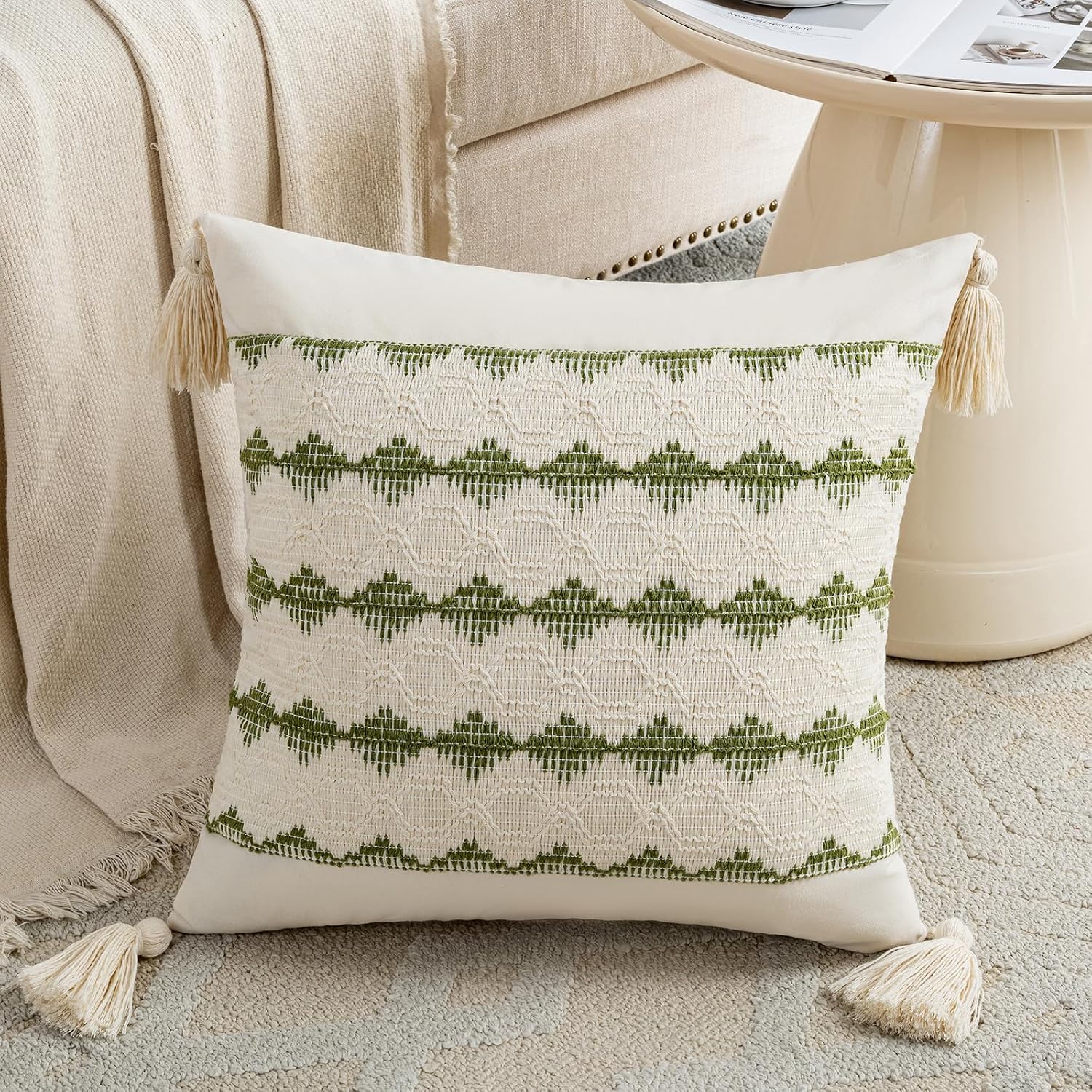 Boho Decorative Throw Pillow Cover / 18 x 18 / Moss Green / Set of 2