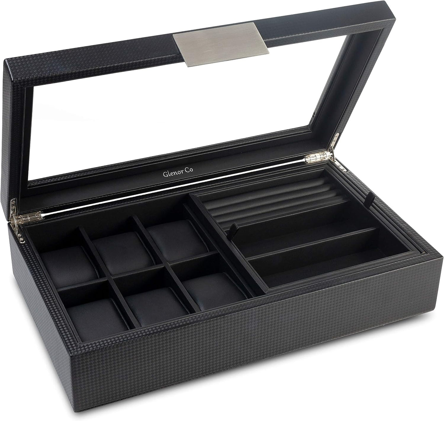 Glenor Co Valet Jewelry Box for Men - Holds 6 Watches, 12 cufflinks, 2 Sunglasses & Tray Storage - Mens Watch Case