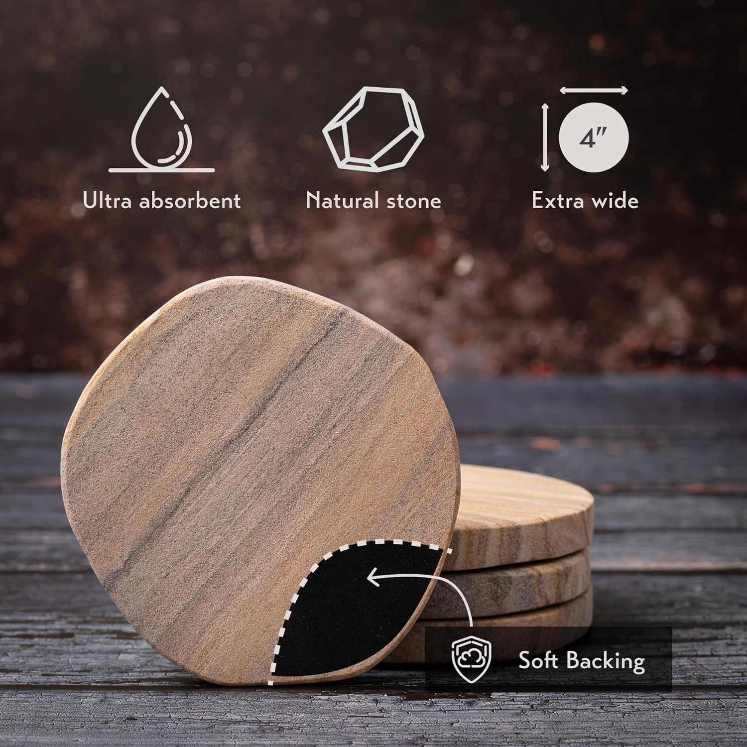 Water Absorbing Sandstone Coasters for Drinks / Set of 4