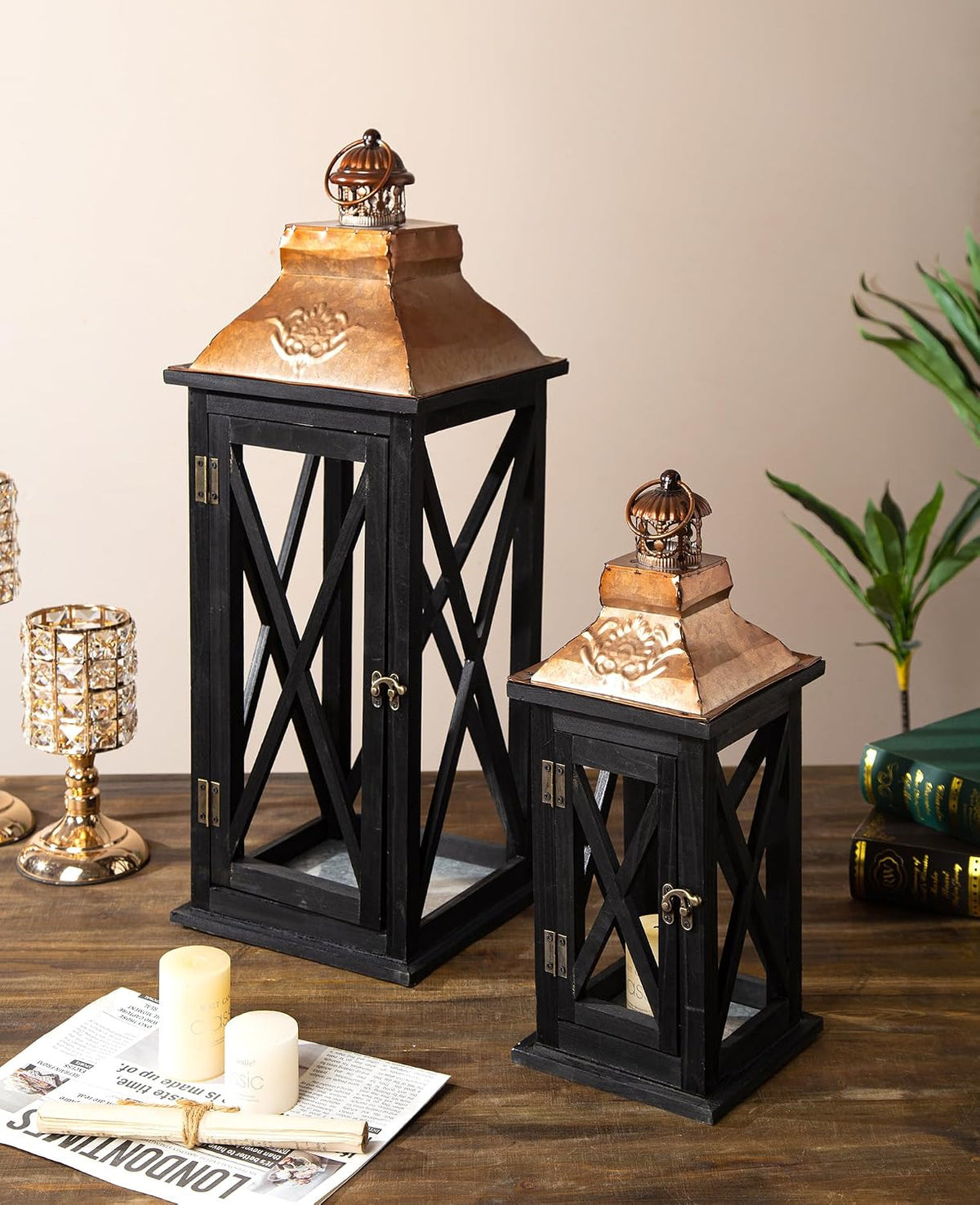 Large Farmhouse Wooden Lanterns with Metal Top, Decorative Floor Lanterns Set of 2, Black Frame with Rustic Gold