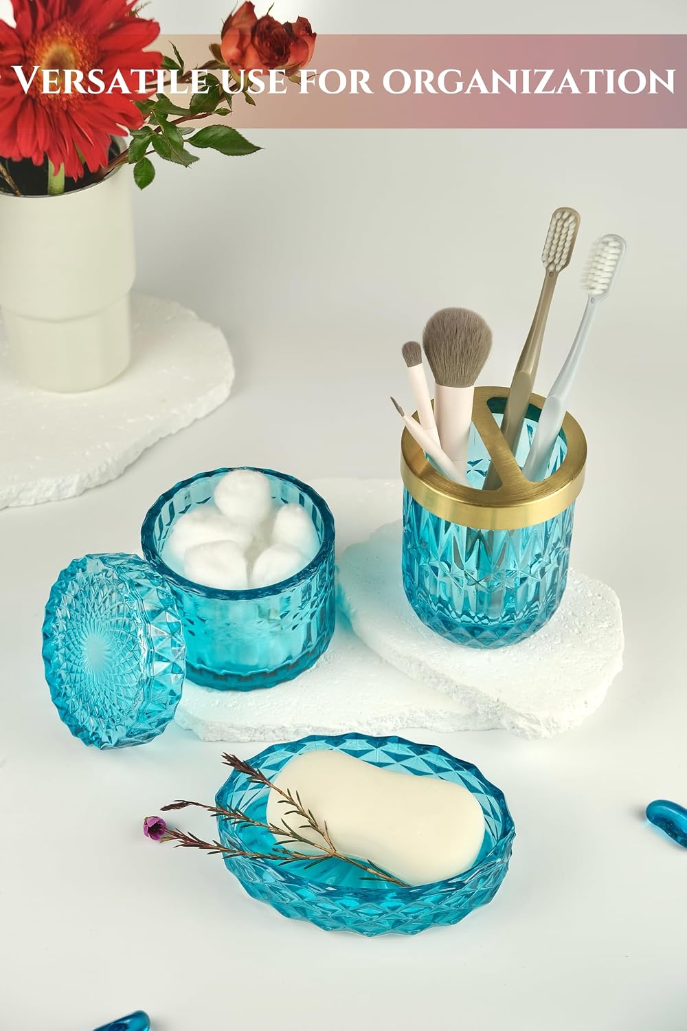 LaMarriti Teal Blue Bathroom Accessories Set, 5Pcs Glass Bathroom Set | Bathroom Soap Dispenser and Toothbrush Holder