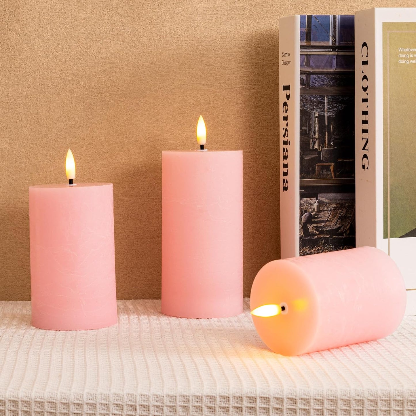 Pink Flameless Candles, Wax Battery Operated Candles with Remote | Flat Top Flickering LED Candles, Warm Ambiance, Home