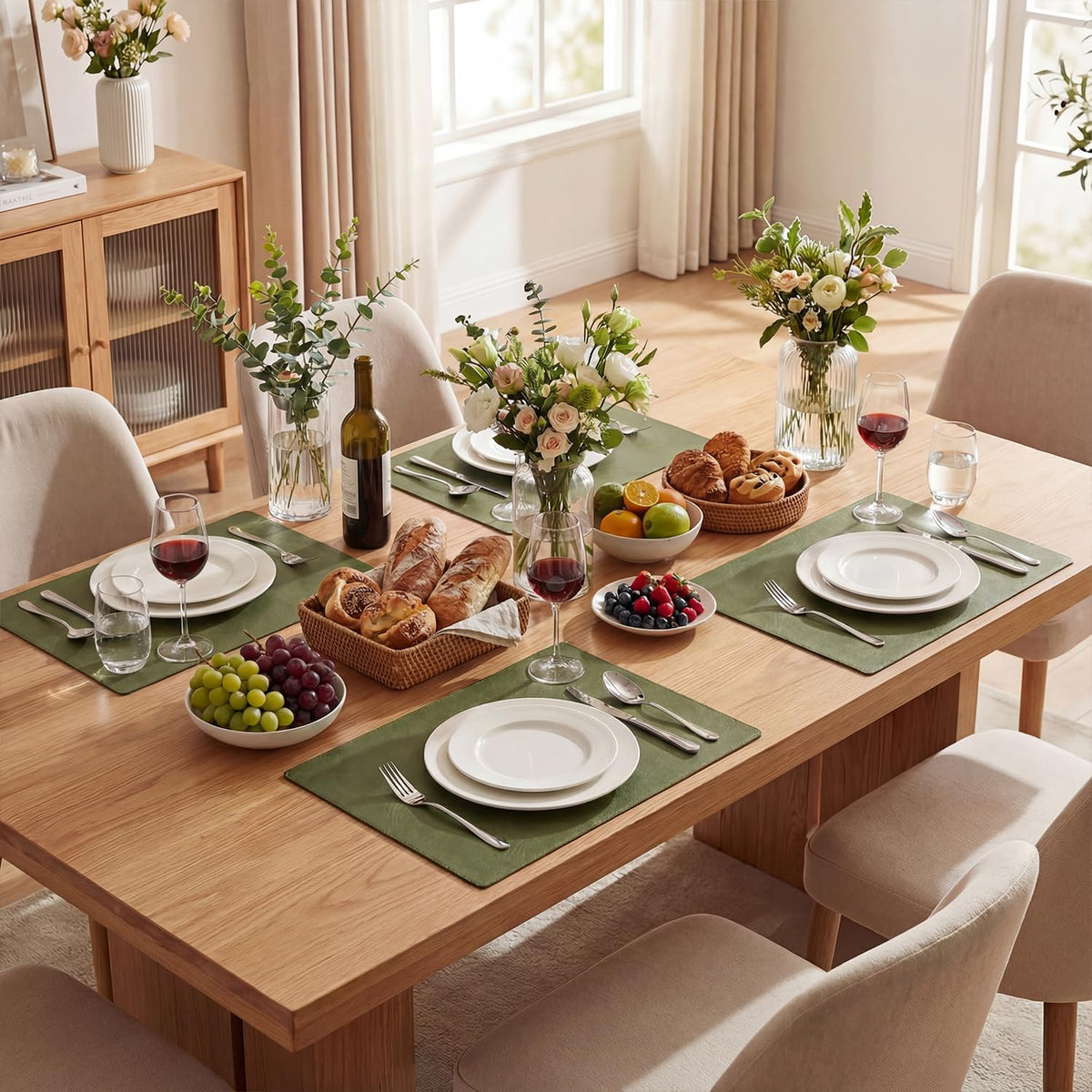 Artoid Mode Olive Green Faux Leather Placemats Set of 6, 12x18 Inch Waterproof Wipeable Heat Resistant Vinyl Place