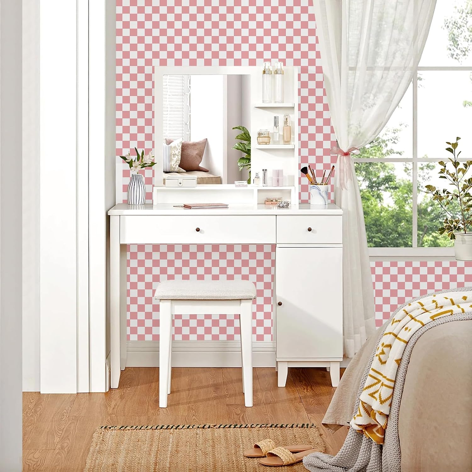 Checkerboard Peel and Stick Wallpaper " and White Contact Paper Self-Adhesive / 17.3 x 300 / Pink