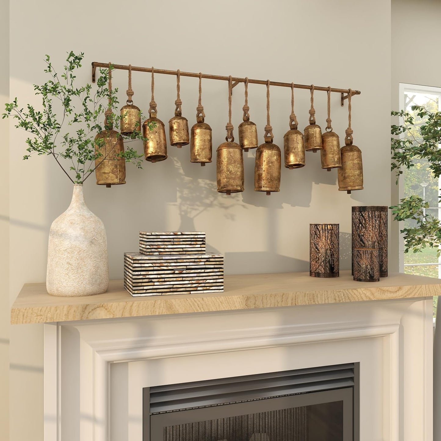 Deco 79 Metal Decorative Cow Bells Tibetan Inspired with 12 Bells on Jute Hanging Ropes and Rod, 48" x 6" x 20", Gold