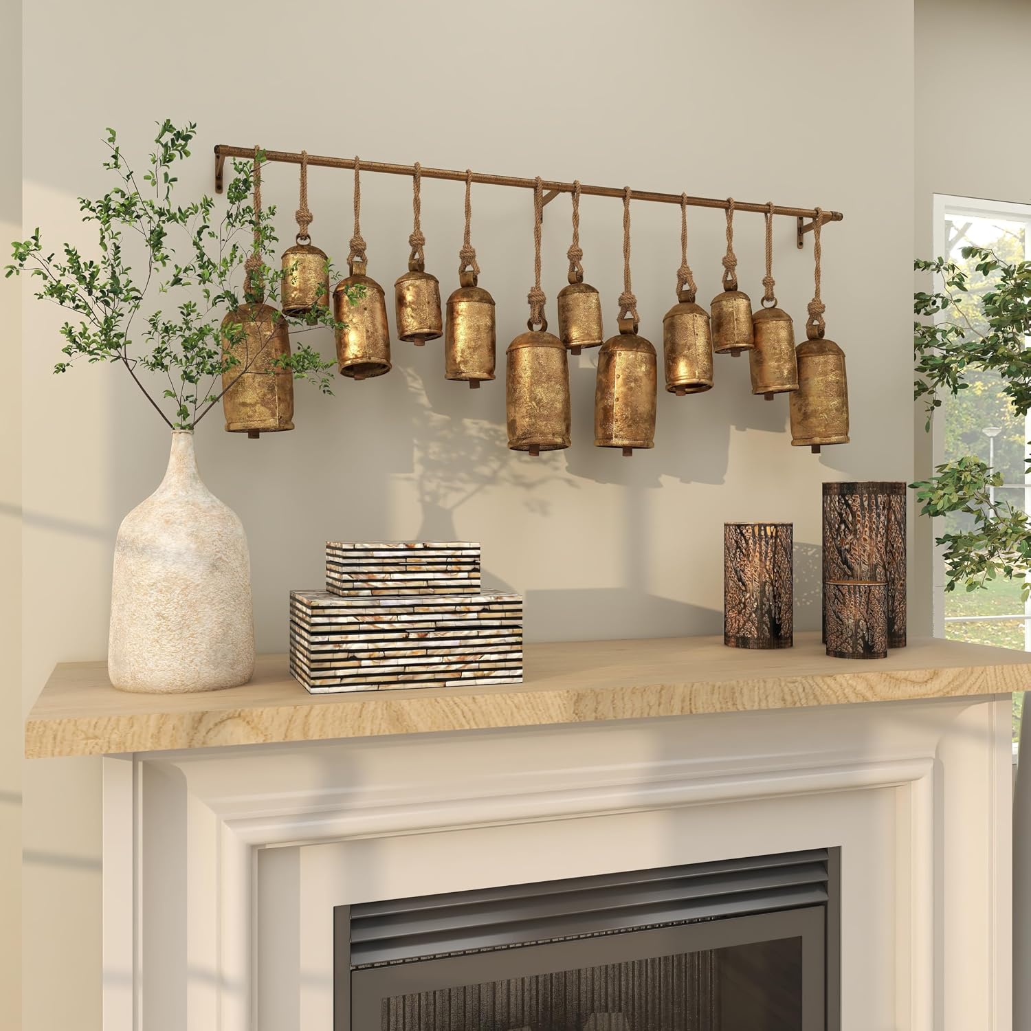Deco 79 Metal Decorative Cow Bells Tibetan Inspired with 12 Bells on Jute Hanging Ropes and Rod, 48" x 6" x 20", Gold