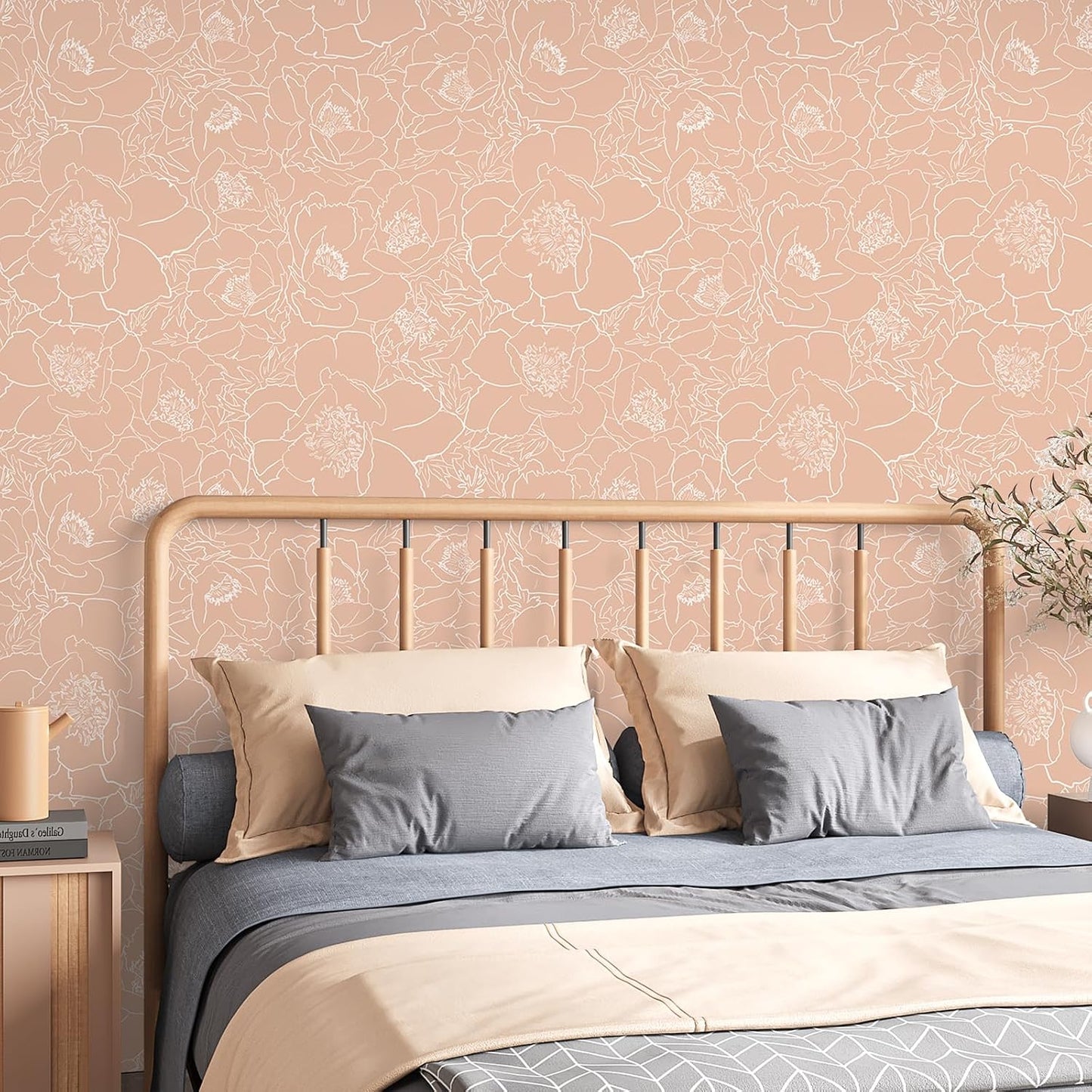 Sketch Floral Wallpaper Boho Vintage Peonies Floral Peel and Stick Wallpaper / 17.7 x 118 / Peach