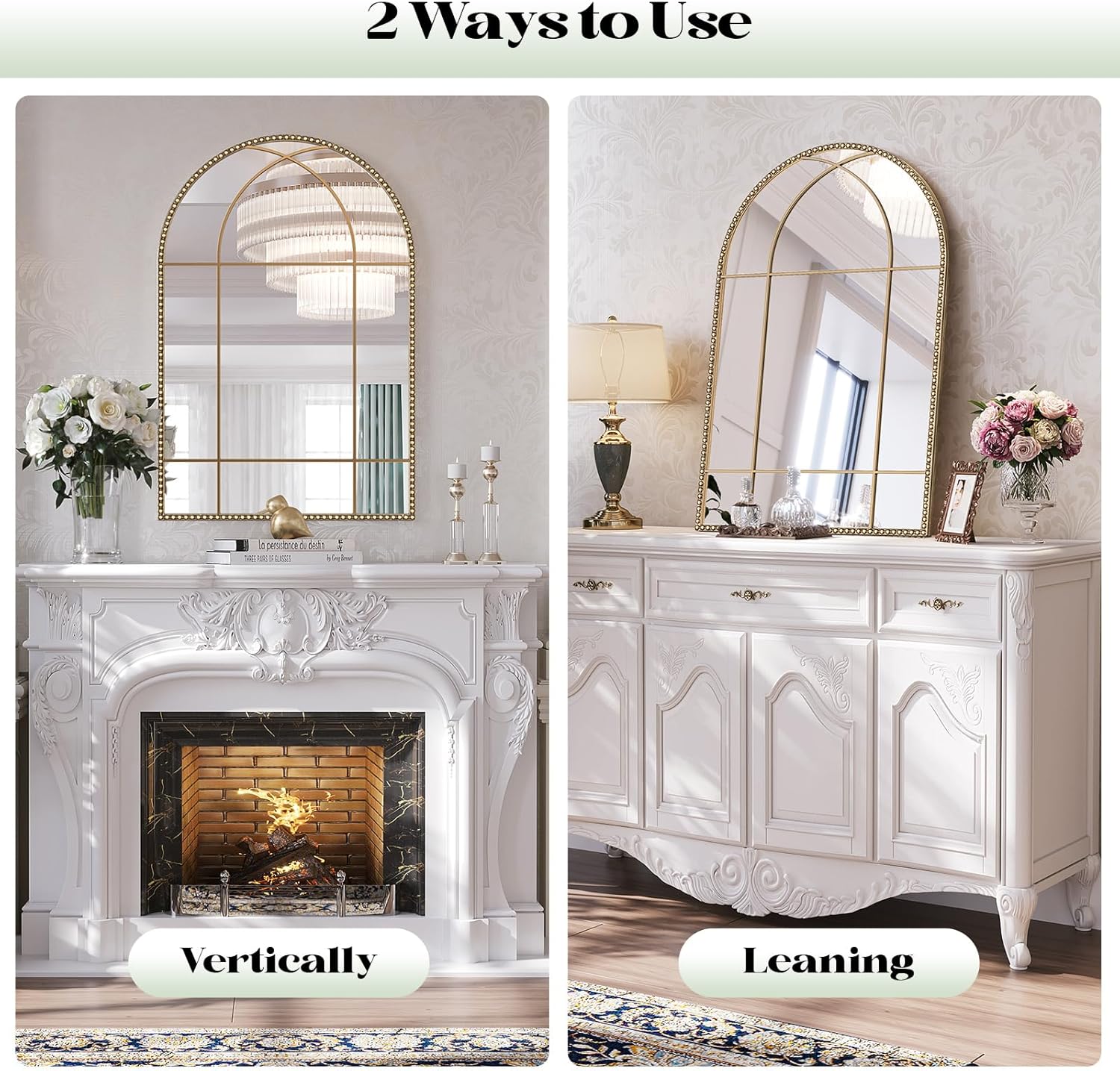Metal Frame / Gold Arched Window Beaded Mirror / Retro Gold / 36"L x 24"W / 24 x 36