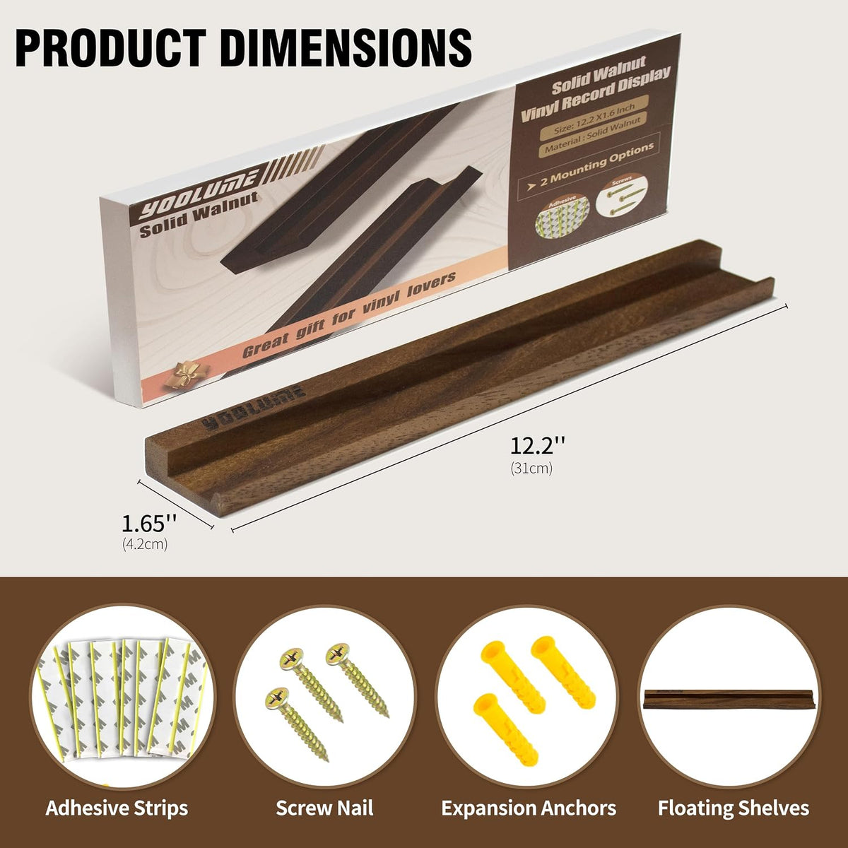 Record Wall Display No Drill with 2 Mount Options(Adhesive & Screws), 10 Pack Walnut Wood Vinyl Shelf, Vinyl Wall