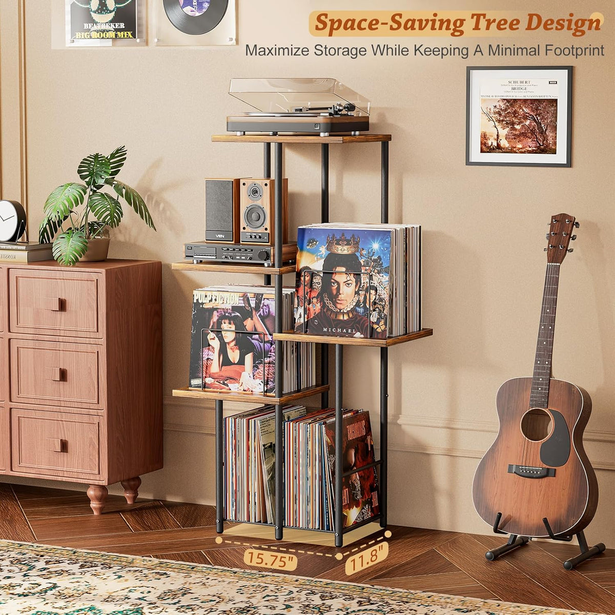 Record Player Stand, Vinyl Record Storage Holder with Display Shelf, Turntable Stand Table with Vinyl Organizer