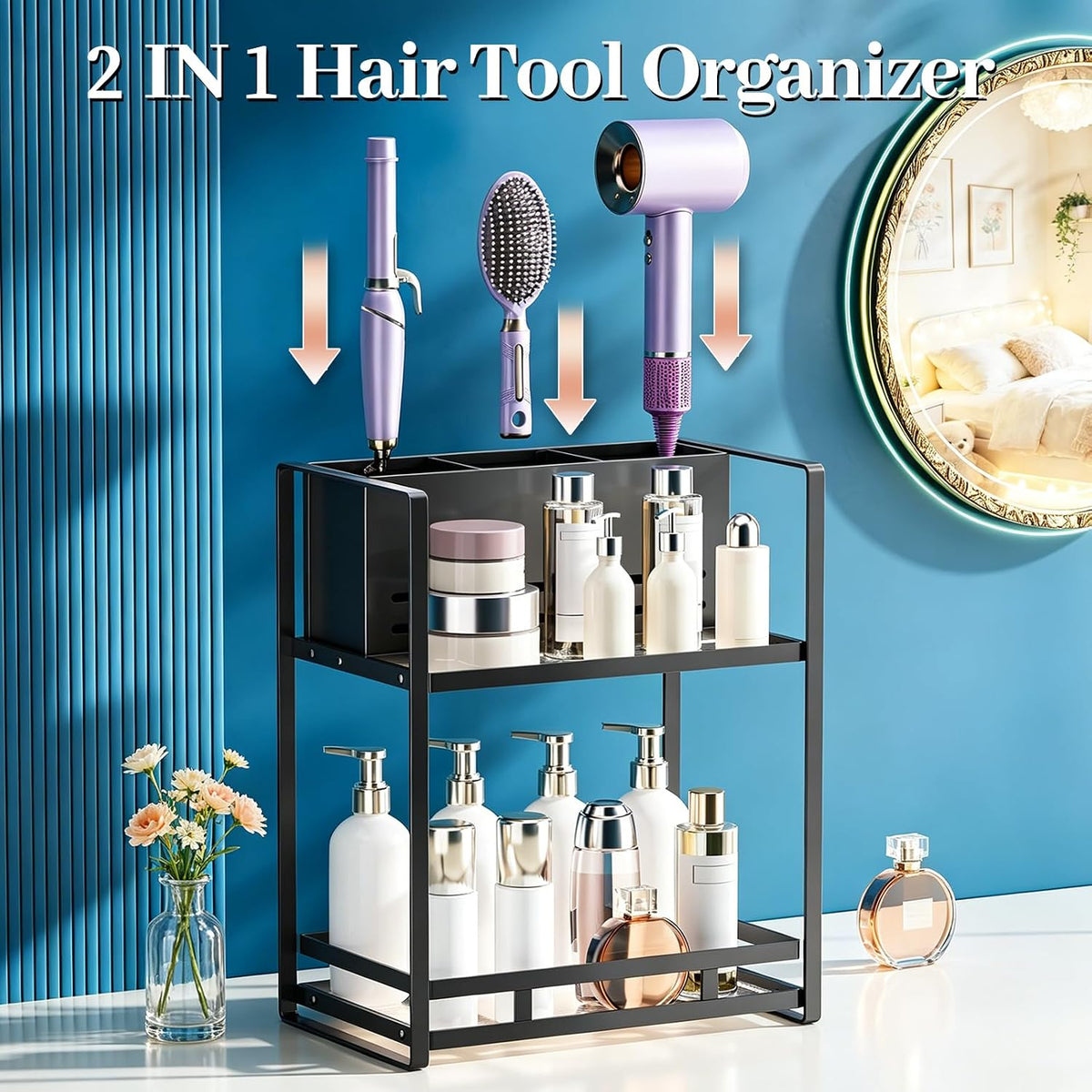 Bathroom Counter Organizer, Metal Vanity Shelf with Hair Dryer Holder | 2-Tier Hair Tool Organizer, Large Capacity