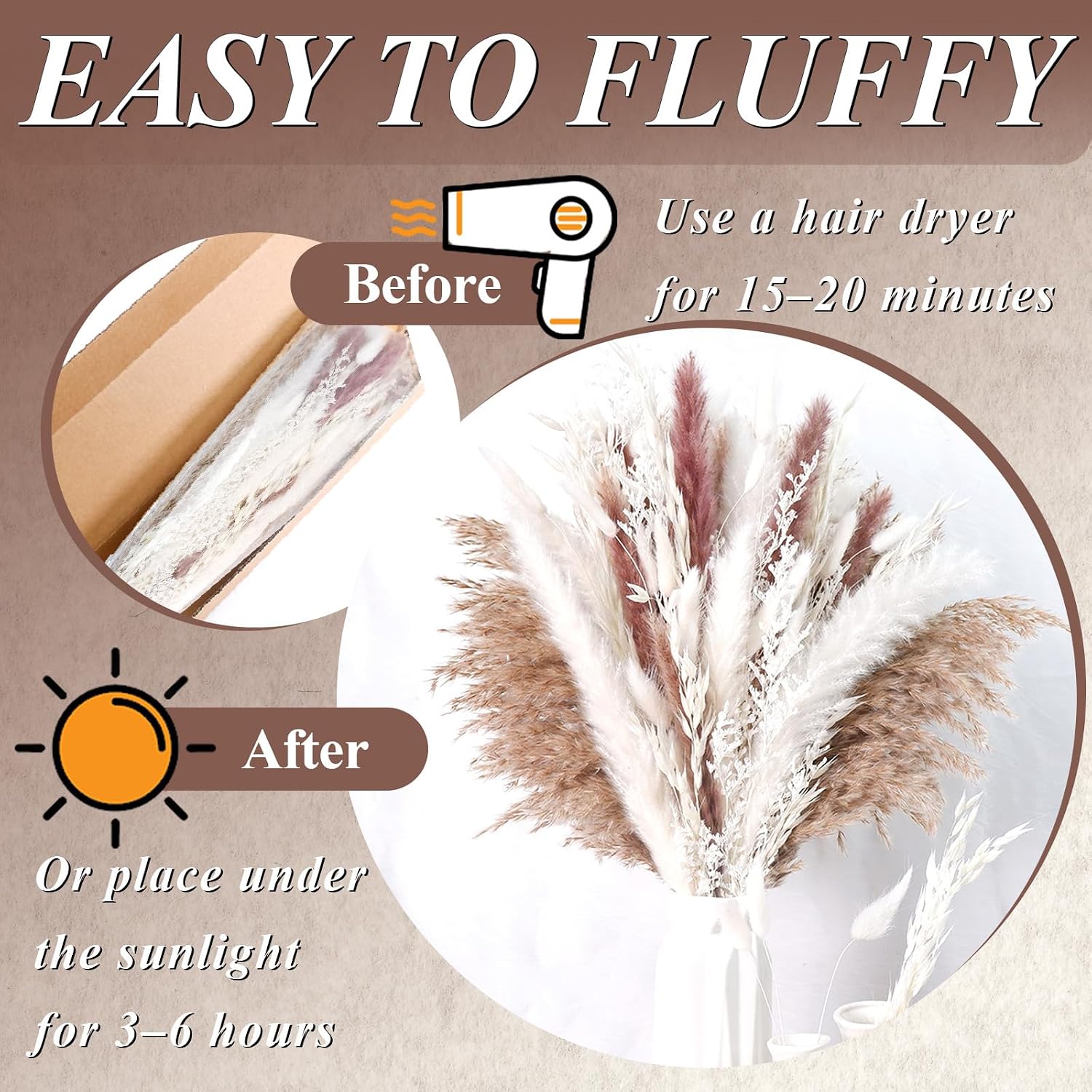 17" Natural Dried Flowers Pampas Grass Bouquet / White / Set of 85