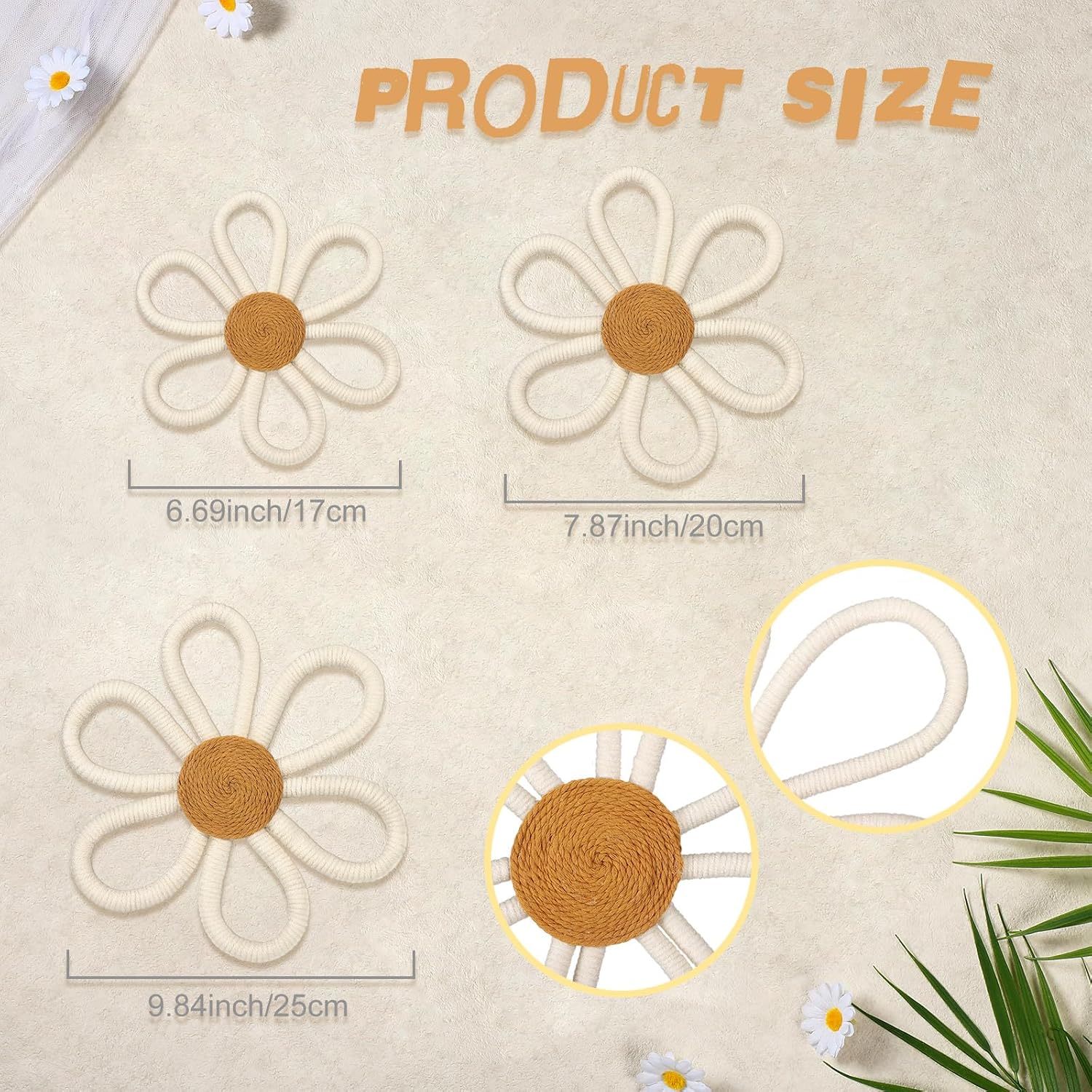 Boho Nursery Decor Daisy Flower Woven / White / 6.69/7.87/9.84 Inch / Splendid Flower / Set of 6