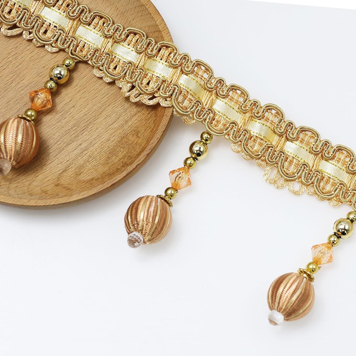 4 Yard Beaded Pendant Hanging Ball Tassel Fringe Trim Macrame for Curtain Tablecloth Home / Gold