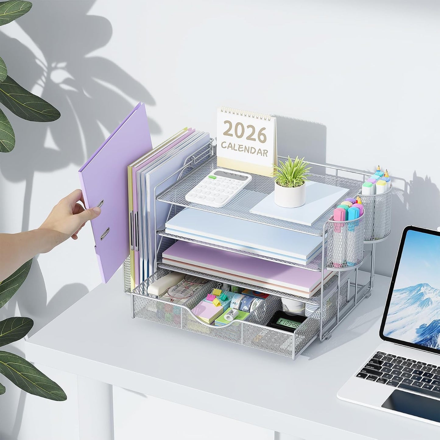 gianotter Desk Organizers and Accessories with File Holder, 4-Tier Desk Accessories & Workspace Organizers with Drawer