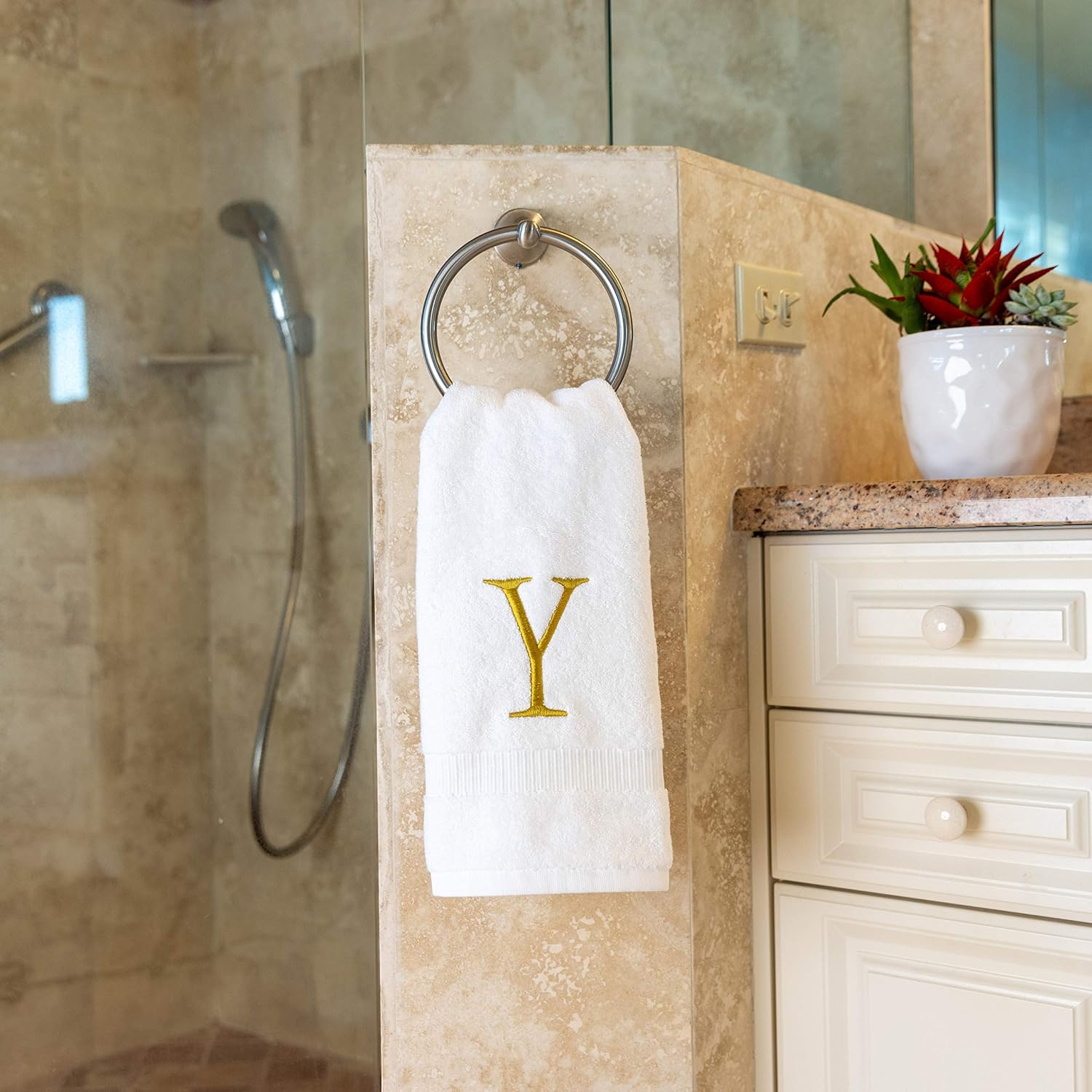 White with Gold Monogrammed Hand Towels for Bathroom - Set of 2 Letter Y | Luxury Hotel Quality Initial Towels For