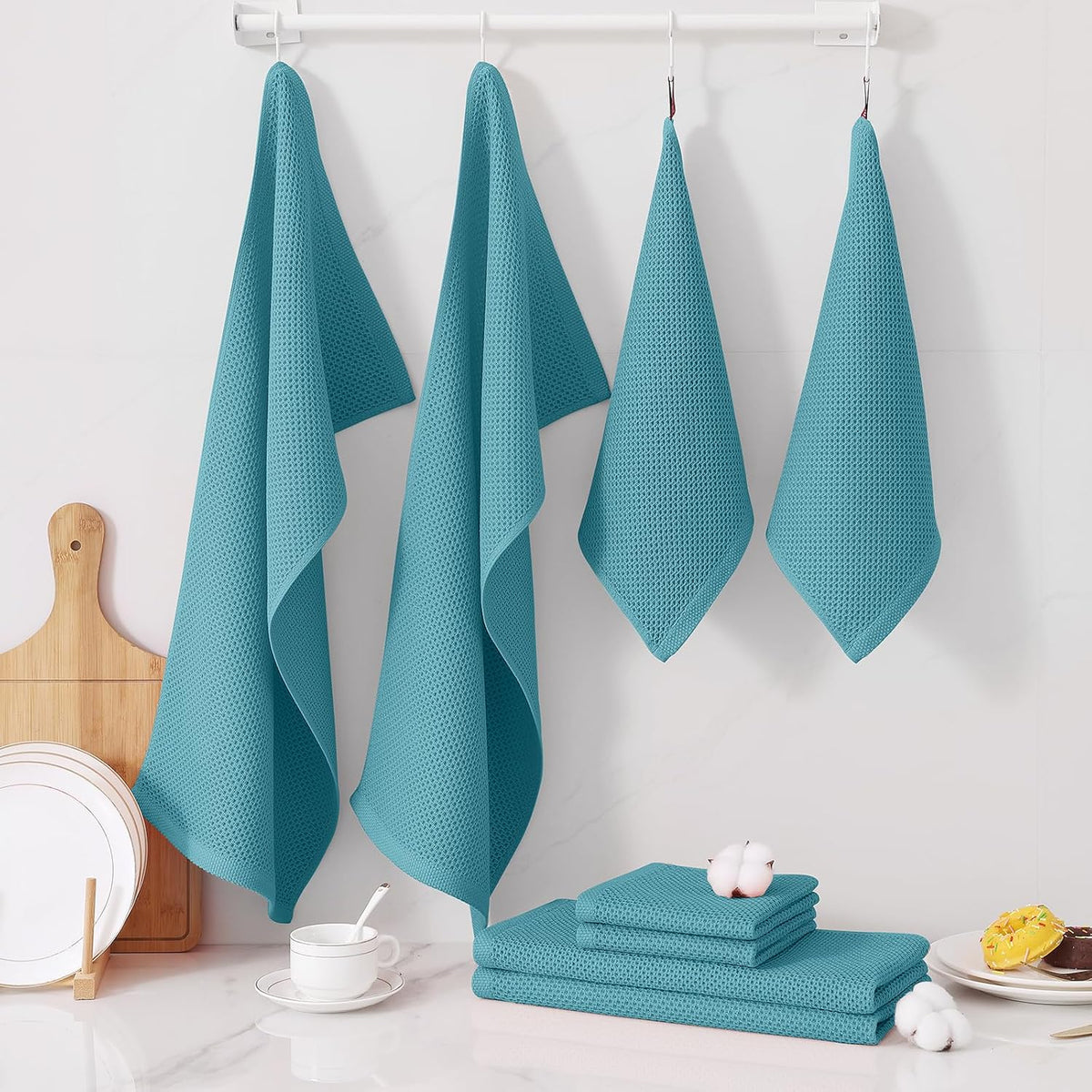 Homaxy 12 Pack 100% Cotton Kitchen Towels and Dishcloths Set, Lake Blue | 12 x 12 Inches and 13 x 28 Inches Kitchen