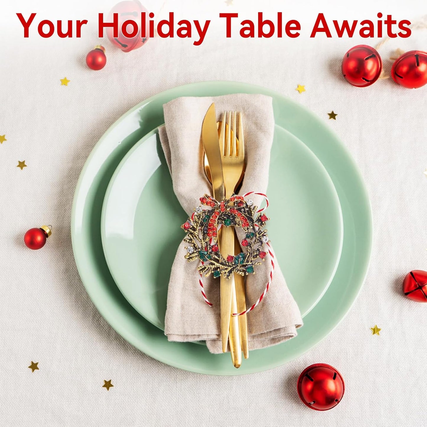 Christmas Wreath Napkin Rings Set of 12, Holiday Rhinestone Christmas Napkin Ring Holders for Cloth Napkins, Napkin