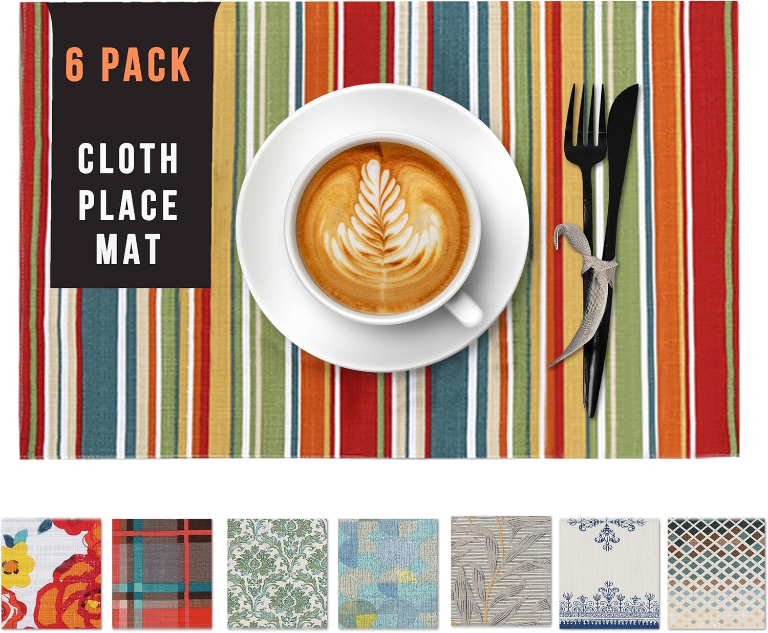 Ruvanti Placemats Set of 6, 100% Cotton Place Mats of 13"x19", Multi Stripe | Heat, Stain resistant, Washable