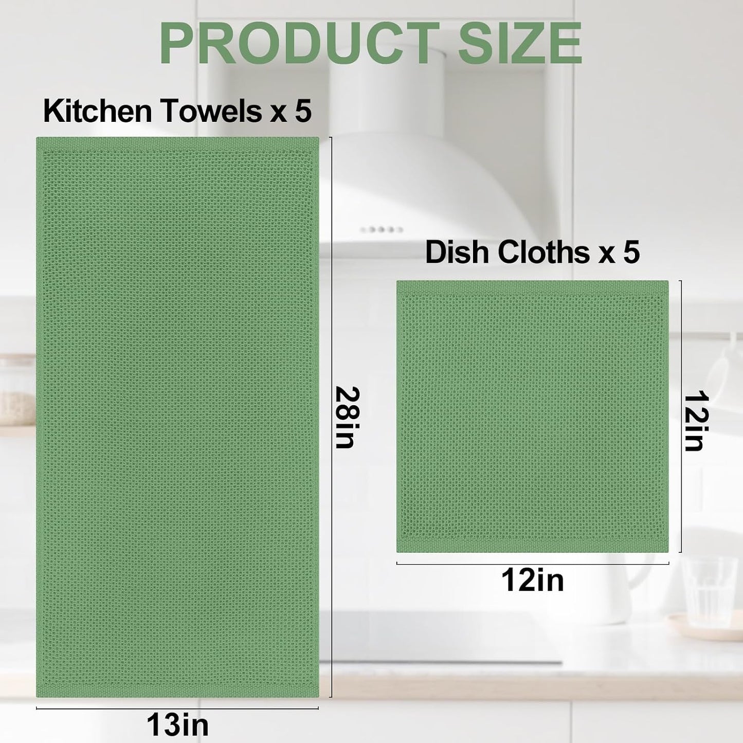 Homaxy 10 Pack 100% Cotton Kitchen Towels and Dishcloths Set, Grass Green | 12 x 12 Inches and 13 x 28 Inches Kitchen