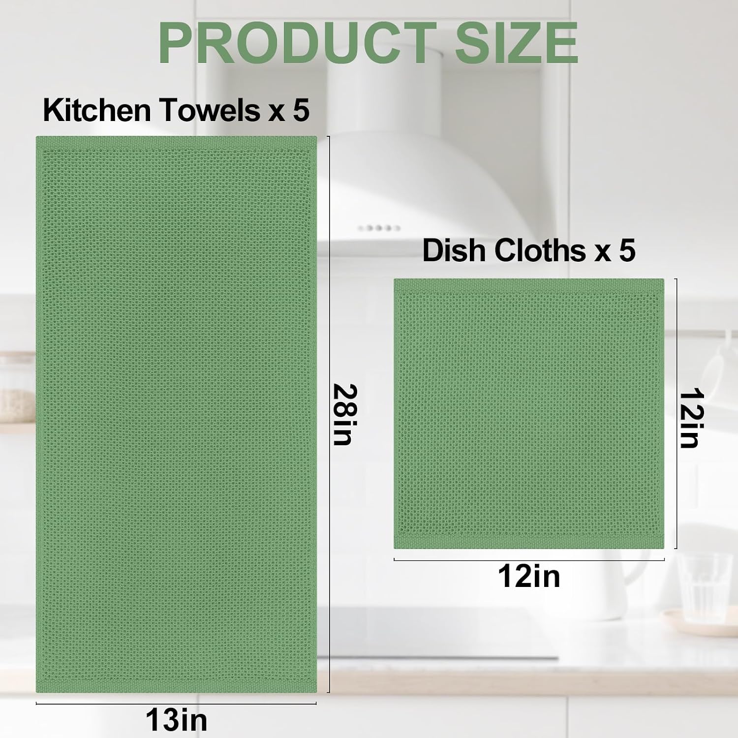 Homaxy 10 Pack 100% Cotton Kitchen Towels and Dishcloths Set, Grass Green | 12 x 12 Inches and 13 x 28 Inches Kitchen