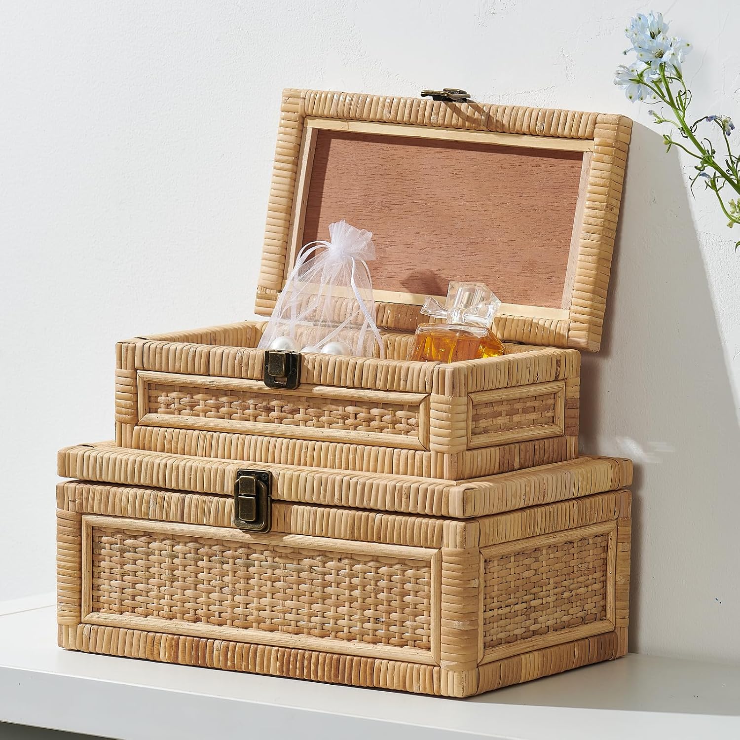Lid Decorative Handmade Boho Baskets Woven Wicker Cane Bins Keepsake Memory / Natural / Set of 2