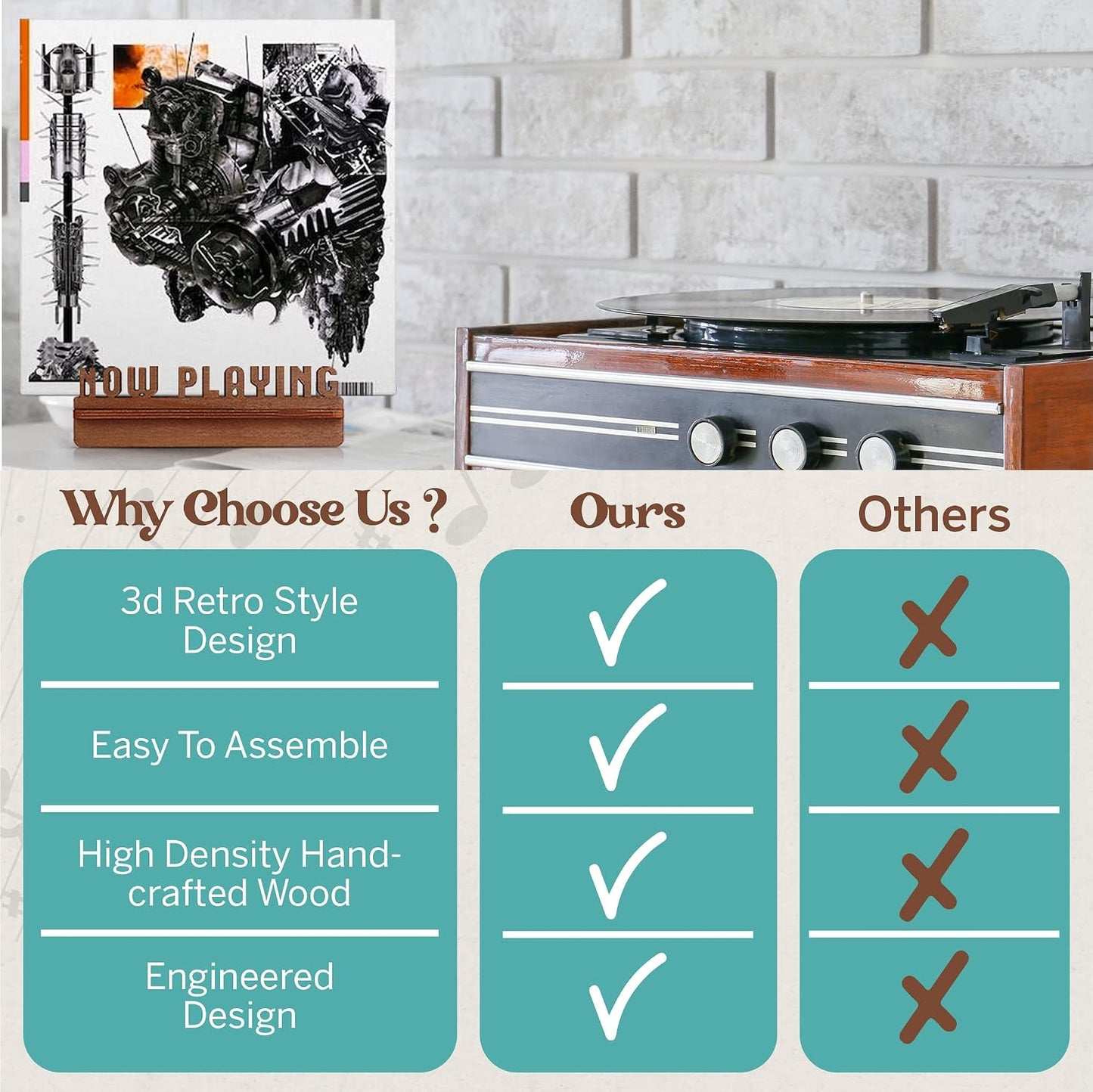 Now Playing Vinyl Stand - 3D Retro Holder for LP Vinyl Records - Wooden Turntable Accessory - Gift Ideas - Album