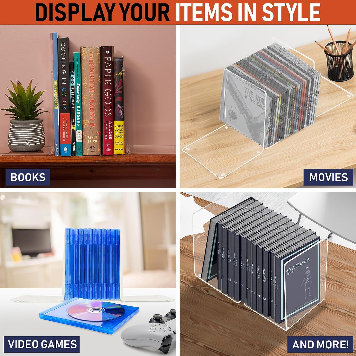 Acrylic Bookends / 4mm Heavy-Duty Non-Skid Holders for DVDs / Clear