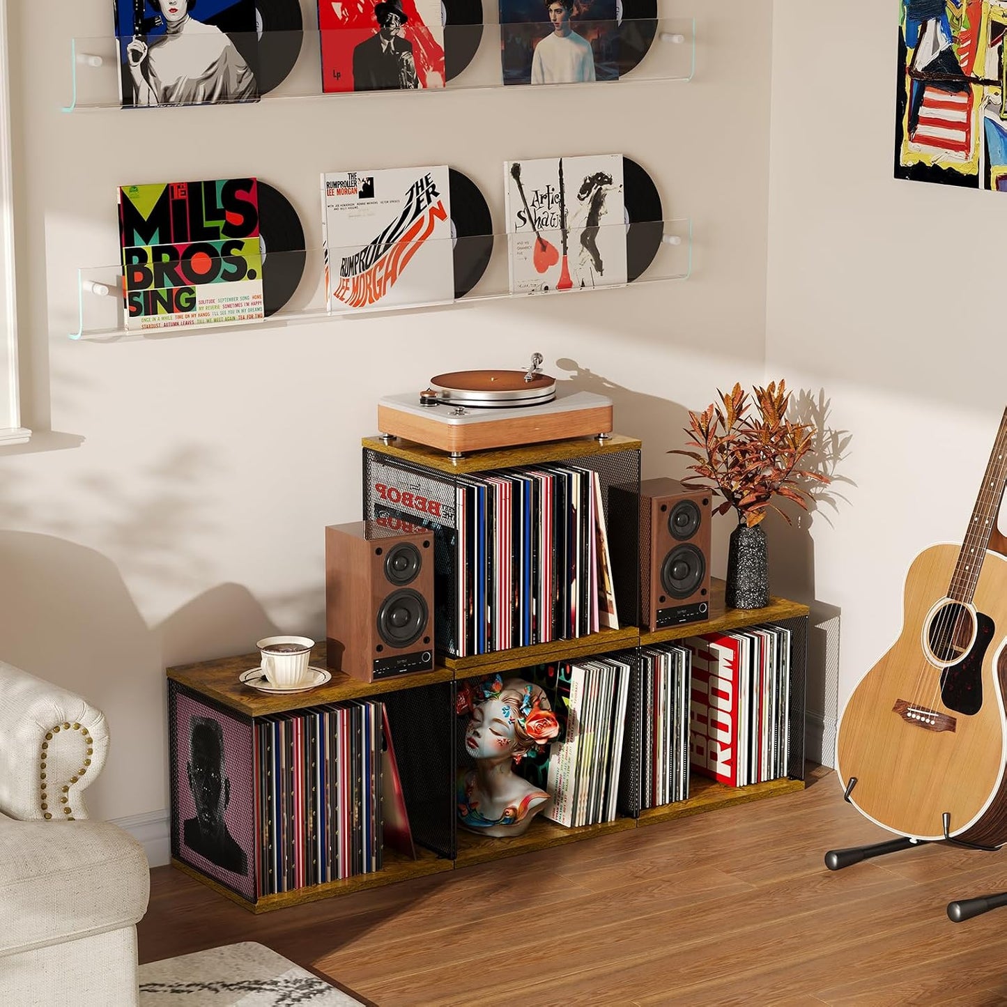 1 Cube Vinyl Record Storage Furniture Wooden Record Holder Shelf Storage | Modular Stackable, 55-70 Vinyl Album