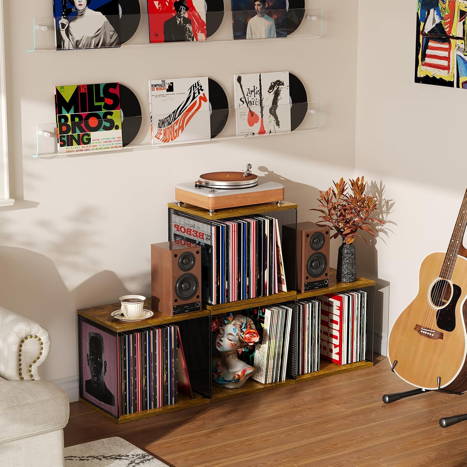 1 Cube Vinyl Record Storage Furniture Wooden Record Holder Shelf Storage | Modular Stackable, 55-70 Vinyl Album