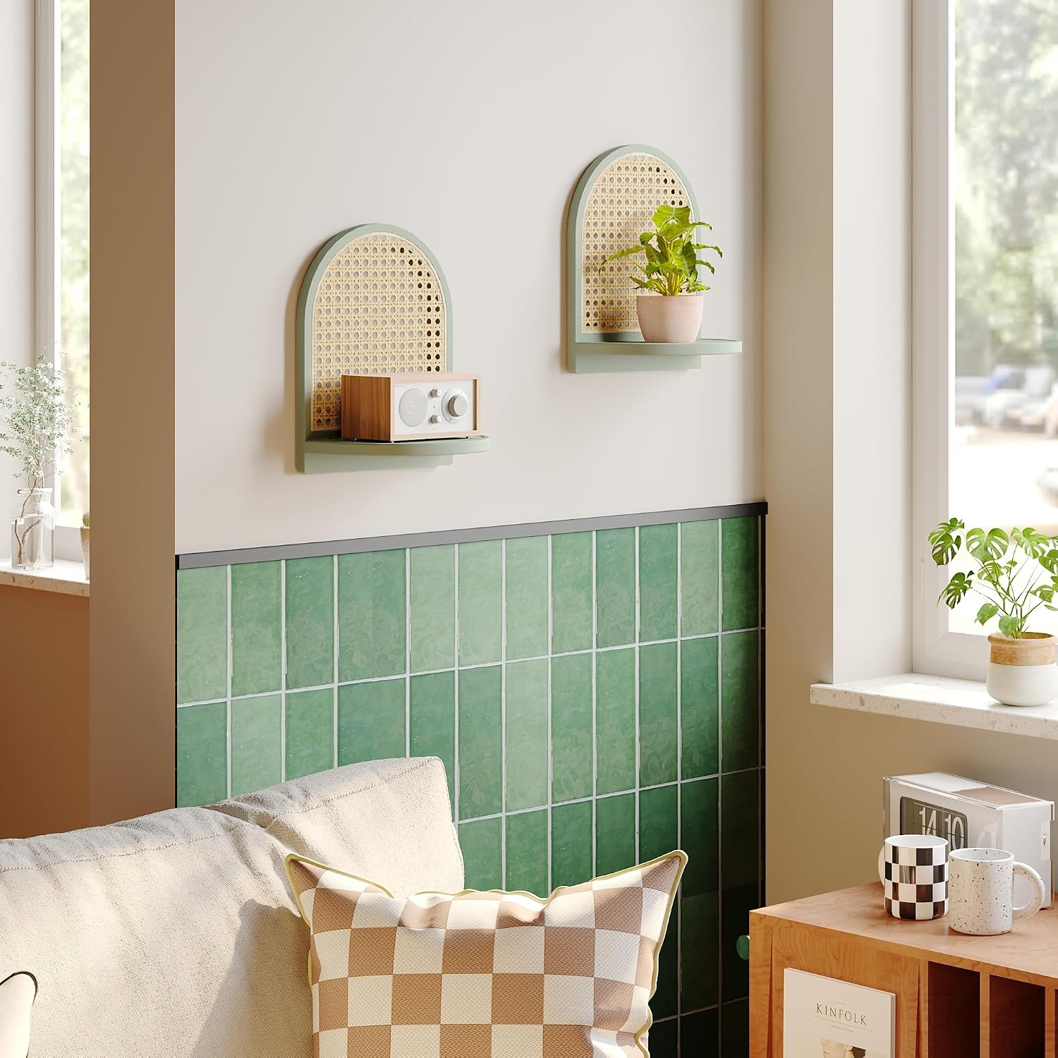 Unique Small Display Shelves / Green Rattan Shelf