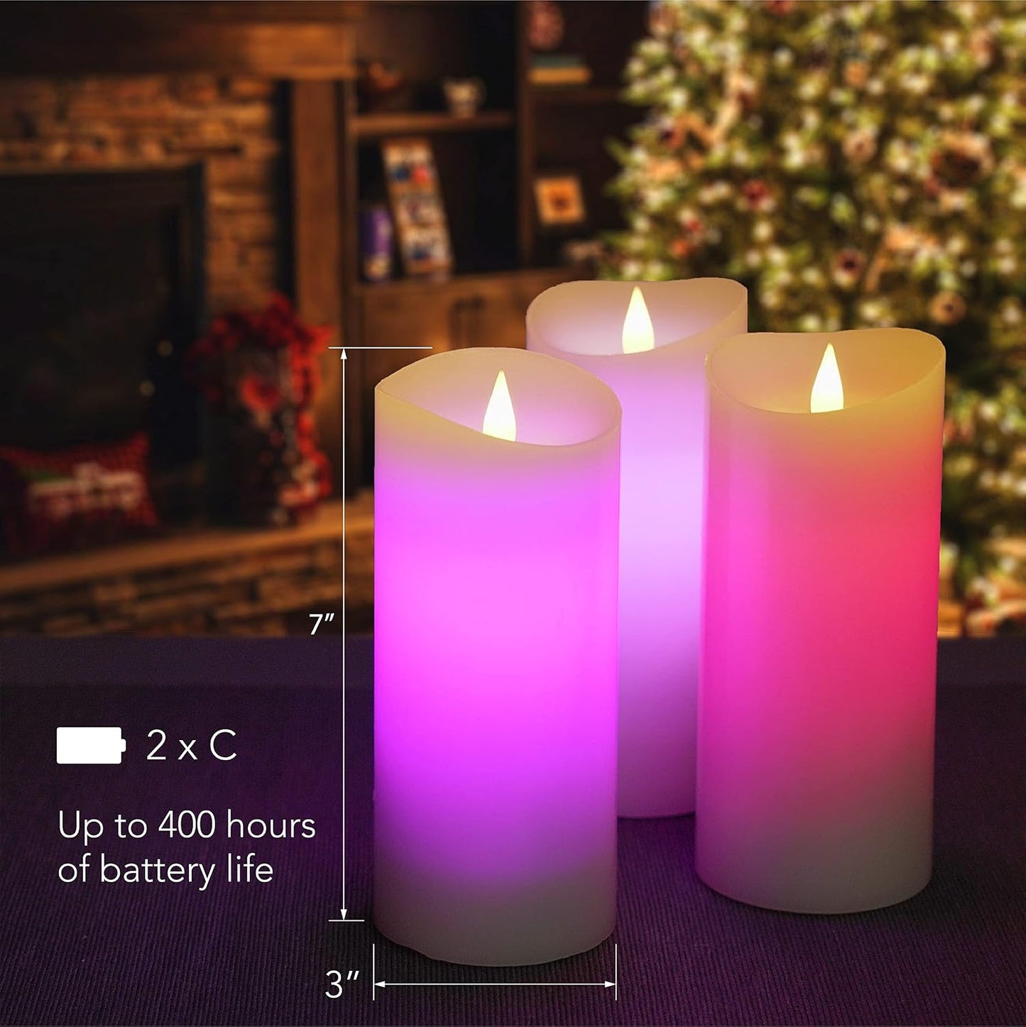 Flameless Multi Color Flickering Moving Flame 3"x 7" Pillar LED Candle，Battery Operated, Real Wax, White, Remote