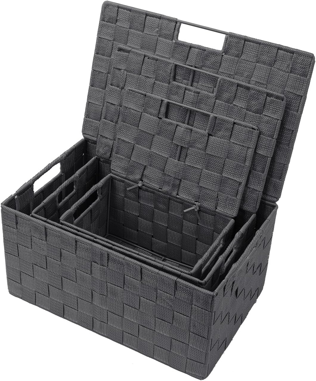 Hand-Woven Storage Baskets / Lid Bins / Gray / Set of 3